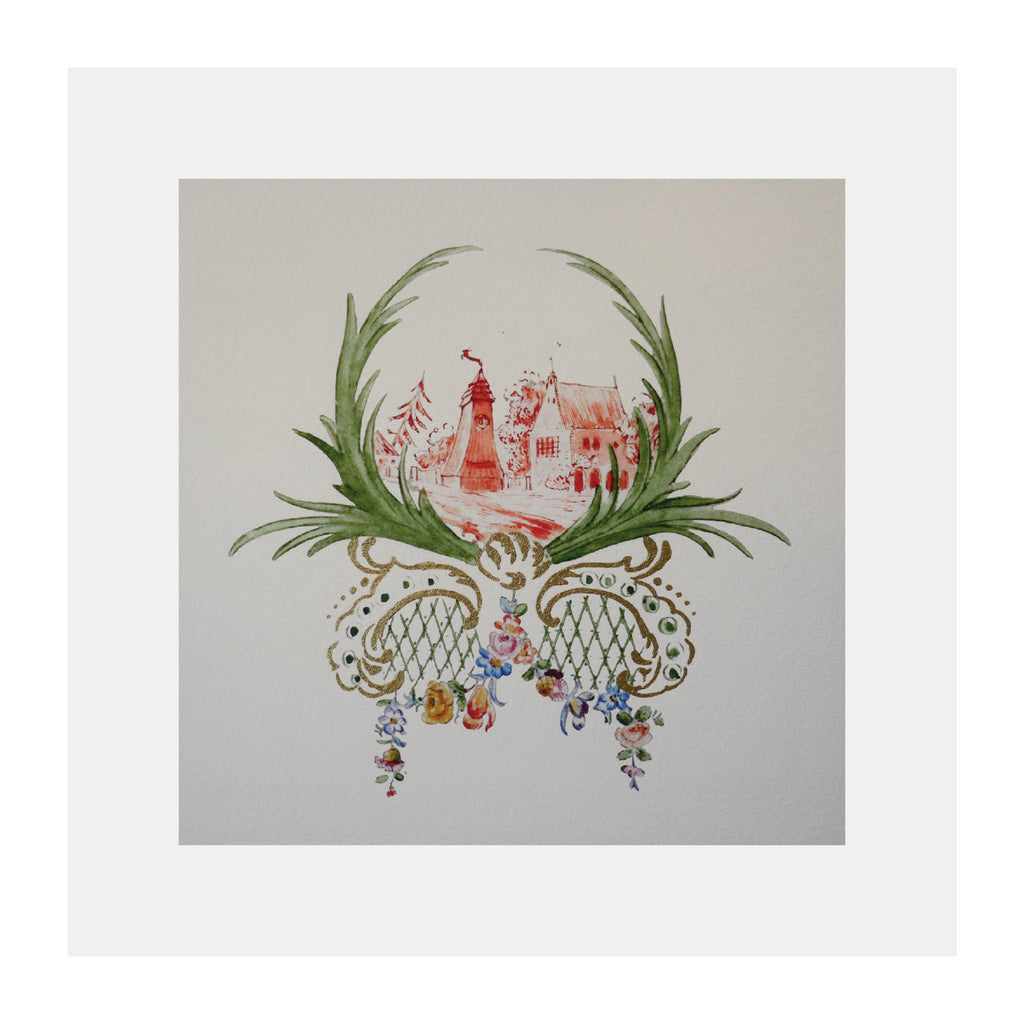 Kleines Küchenbild, 16 x 16 cm, Mühle, Miniaturmalerei, Porzellanentwurf, vergoldet, Fine Art Print, handvergoldet