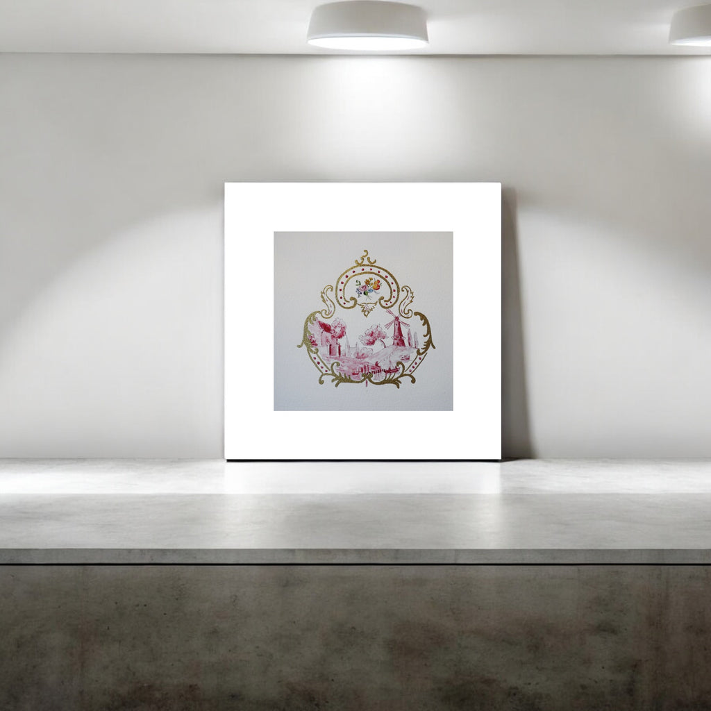 Kleines Küchenbild, 16 x 16 cm, Mühle Miniatur historische Zeichnung, Fine Art Print, handvergoldet