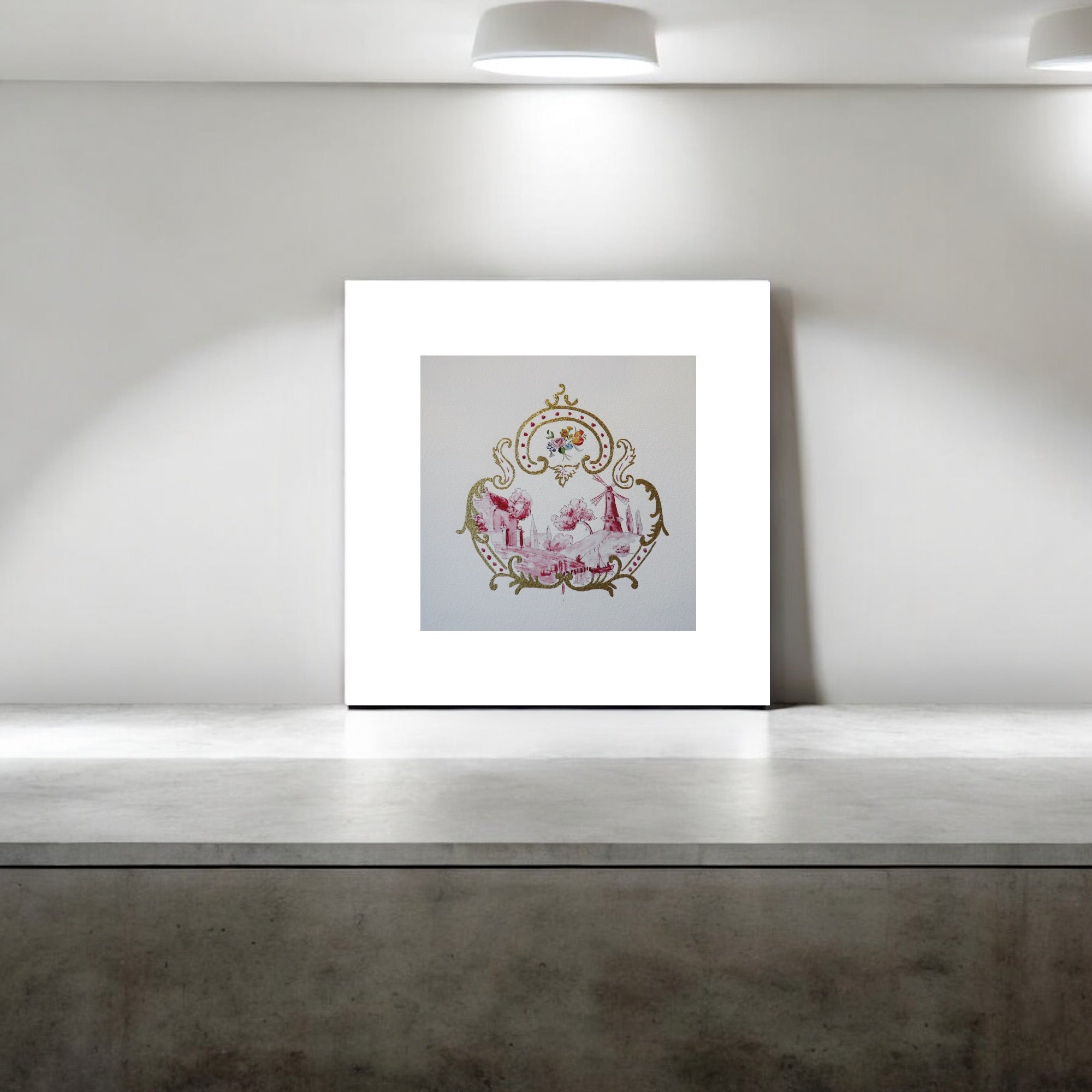 Kleines Küchenbild, 16 x 16 cm, Mühle Miniatur historische Zeichnung, Fine Art Print, handvergoldet