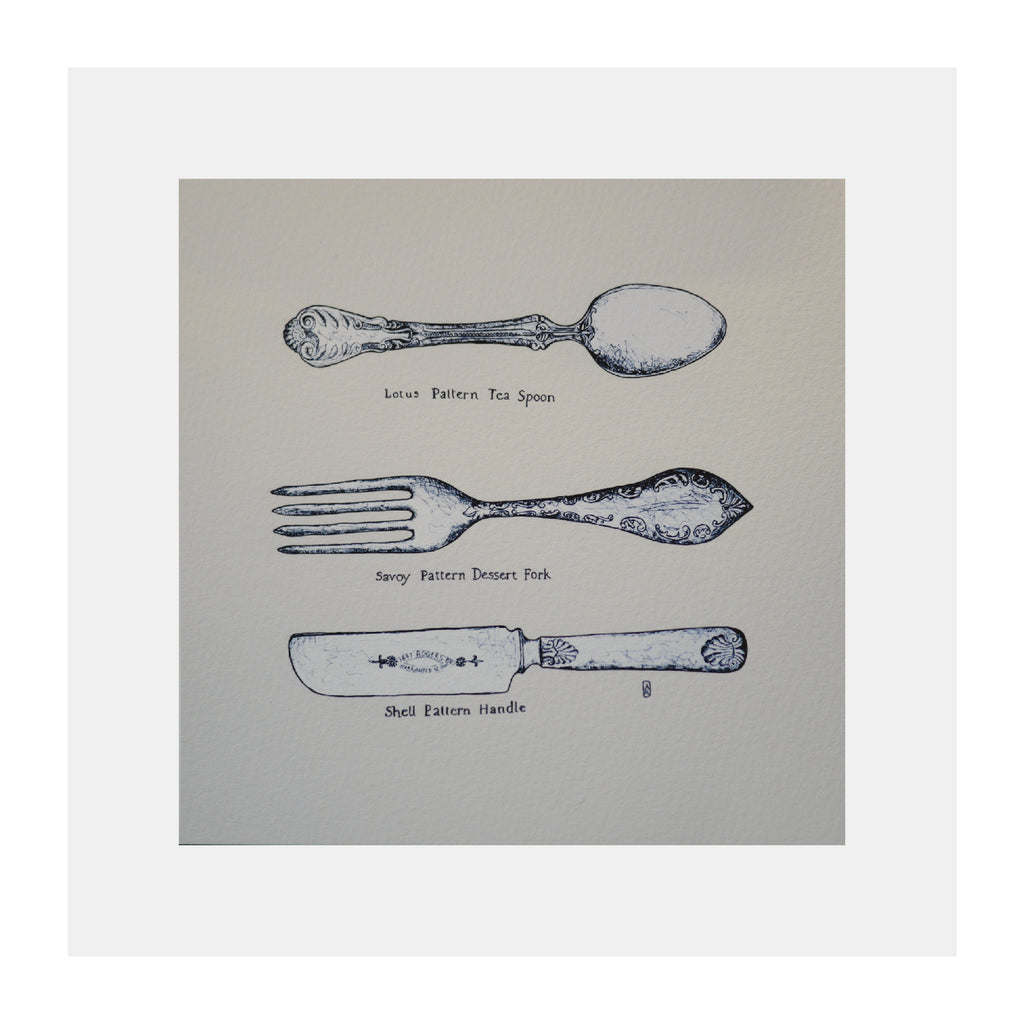 Kleines Küchenbild, Kunstdruck, feine Zeichnung, Besteck Silber Silberwaren, Kalligraphie, 16 x 16 cm, auch mit Rahmen, kleines Geschenk