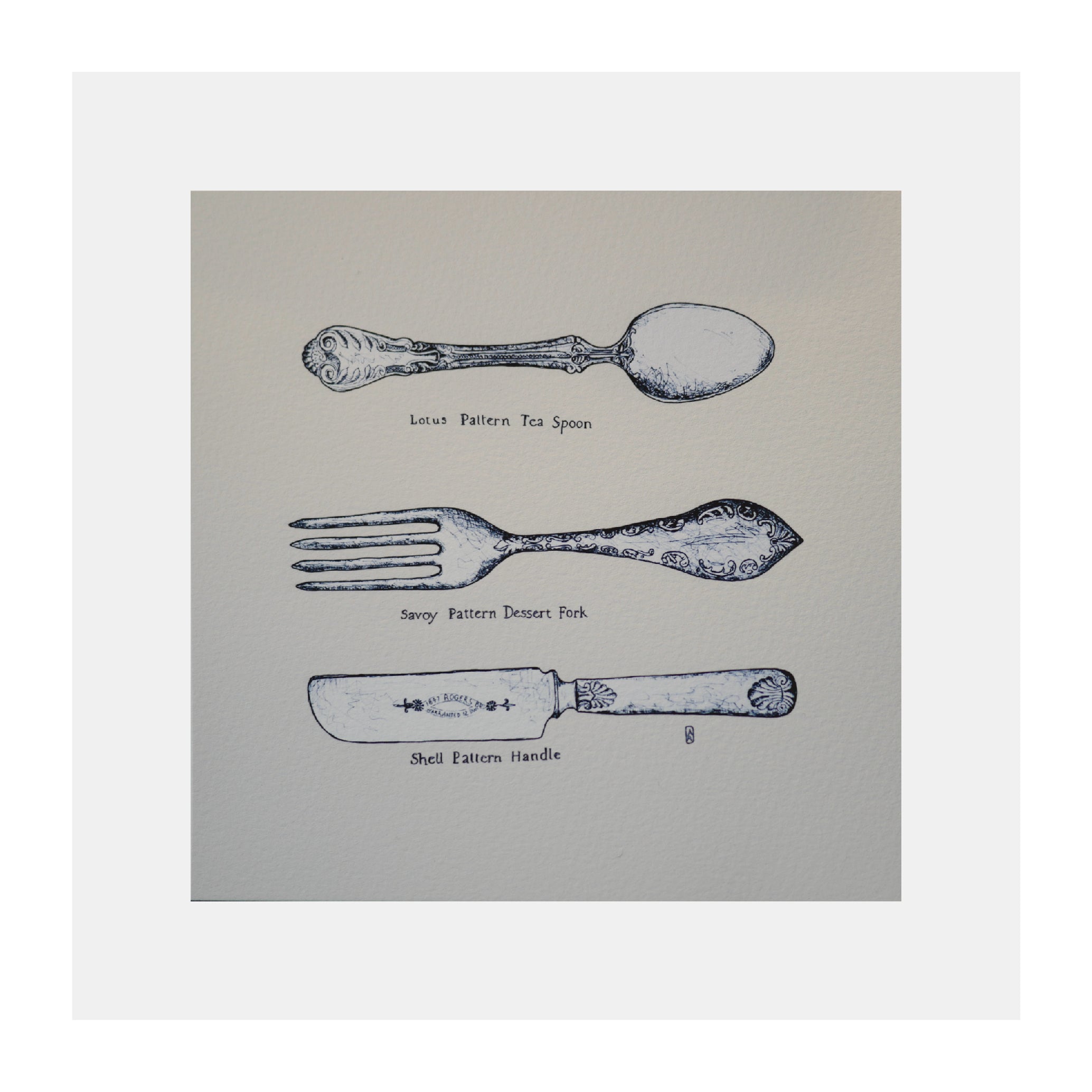 Kleines Küchenbild, Kunstdruck, feine Zeichnung, Besteck Silber Silberwaren, Kalligraphie, 16 x 16 cm, auch mit Rahmen, kleines Geschenk