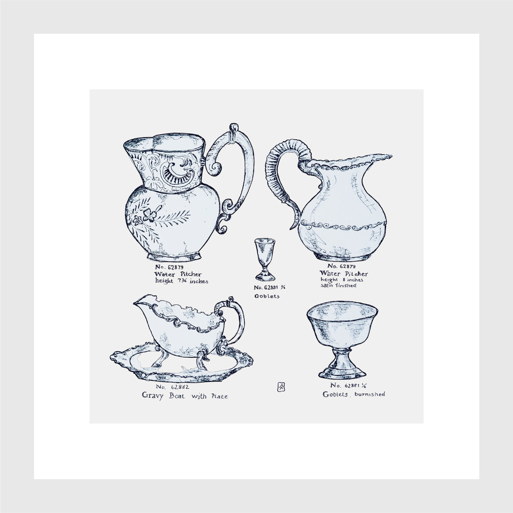 Kleines Küchenbild, Kunstdruck, feine Zeichnung, Krüge Silberwaren, Kalligraphie, 16 x 16 cm, auch mit Rahmen, kleines Geschenk