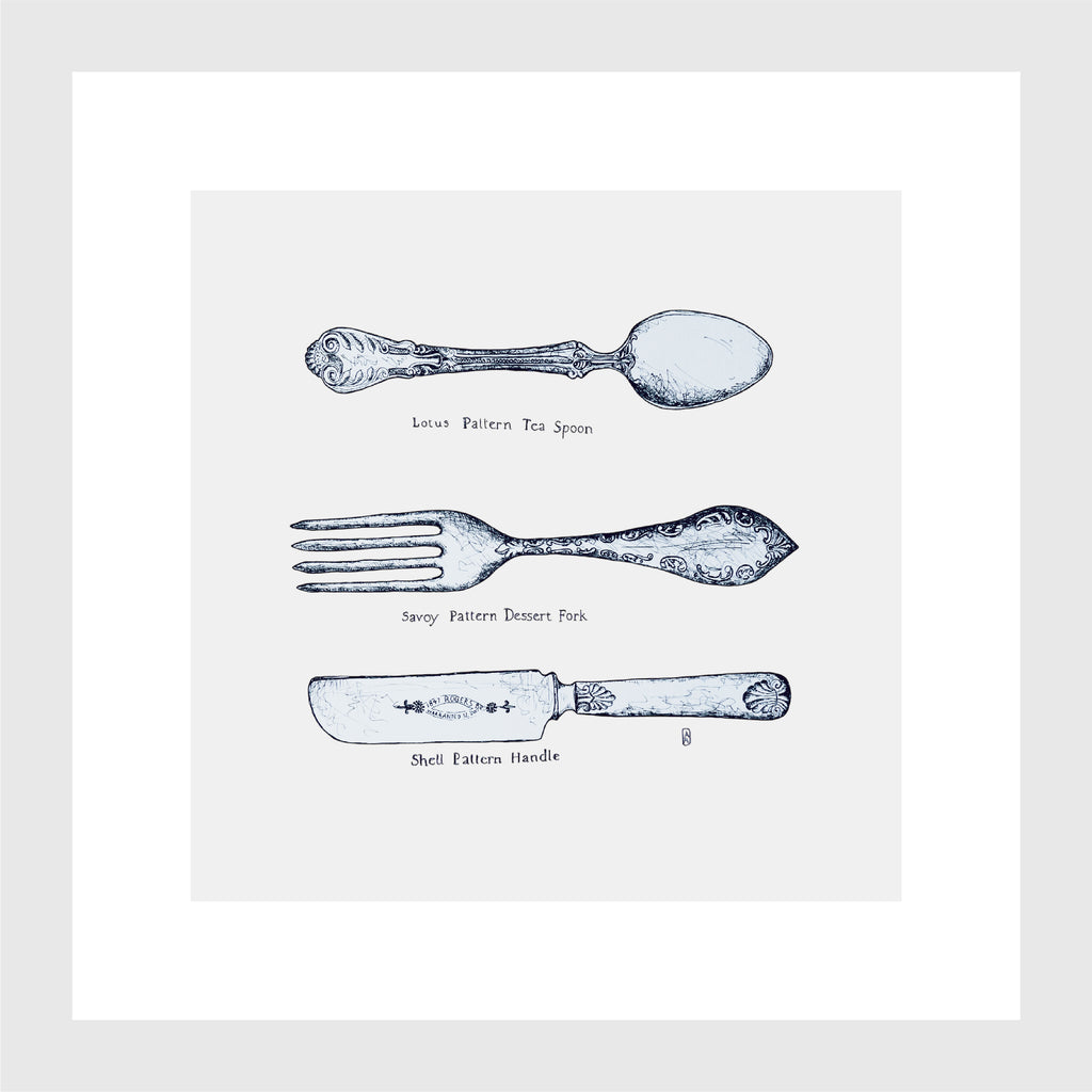 Kleines Küchenbild, Kunstdruck, feine Zeichnung, Besteck Silber Silberwaren, Kalligraphie, 16 x 16 cm, auch mit Rahmen, kleines Geschenk