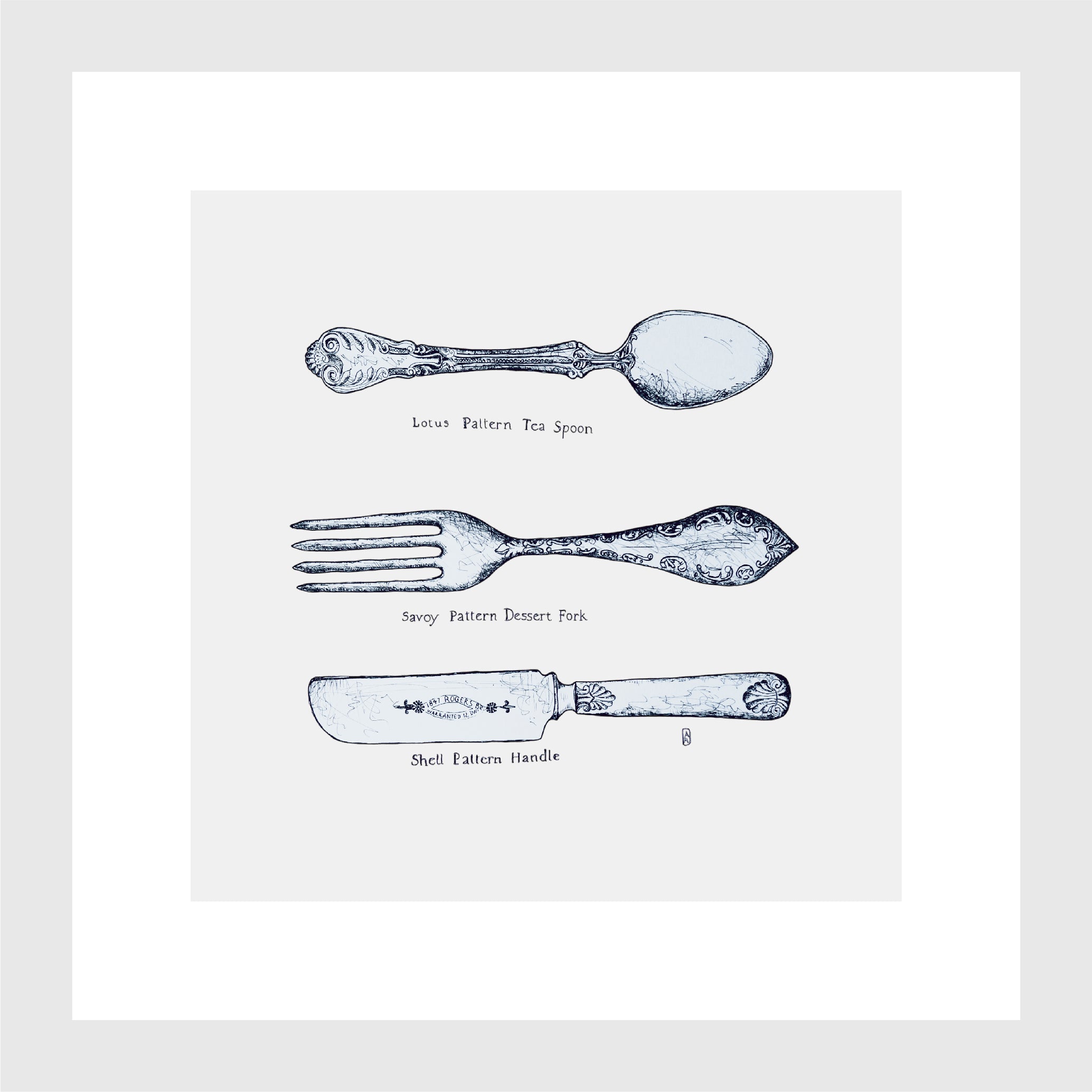 Kleines Küchenbild, Kunstdruck, feine Zeichnung, Besteck Silber Silberwaren, Kalligraphie, 16 x 16 cm, auch mit Rahmen, kleines Geschenk