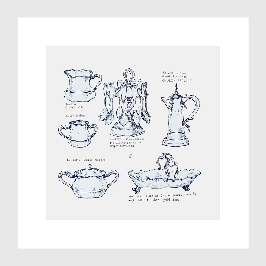 Kleines Küchenbild, Kunstdruck, feine Zeichnung, nostalgische Schälchen, Kalligraphie, 16 x 16 cm, auch mit Rahmen, kleines Geschenk