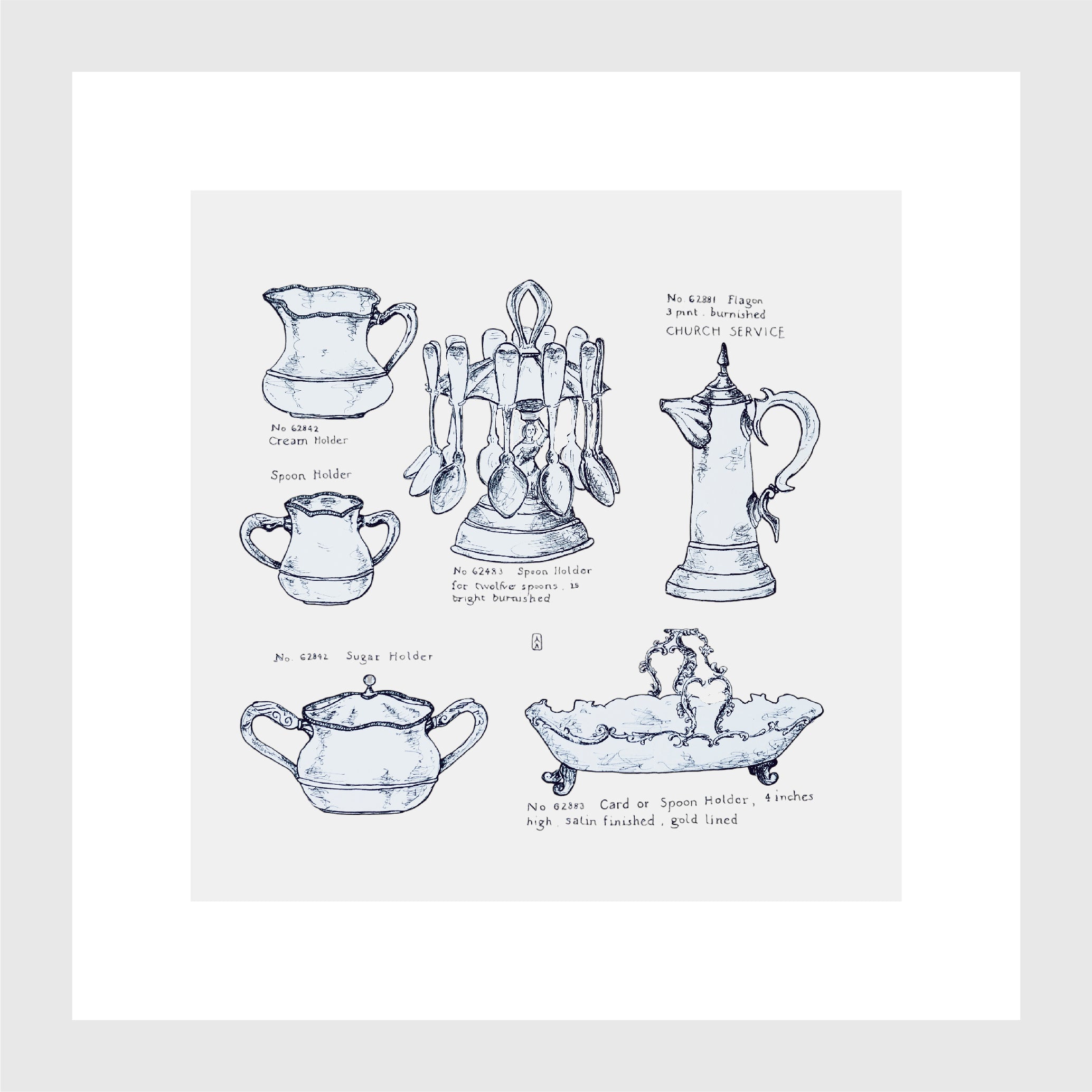 Kleines Küchenbild, Kunstdruck, feine Zeichnung, nostalgische Schälchen, Kalligraphie, 16 x 16 cm, auch mit Rahmen, kleines Geschenk