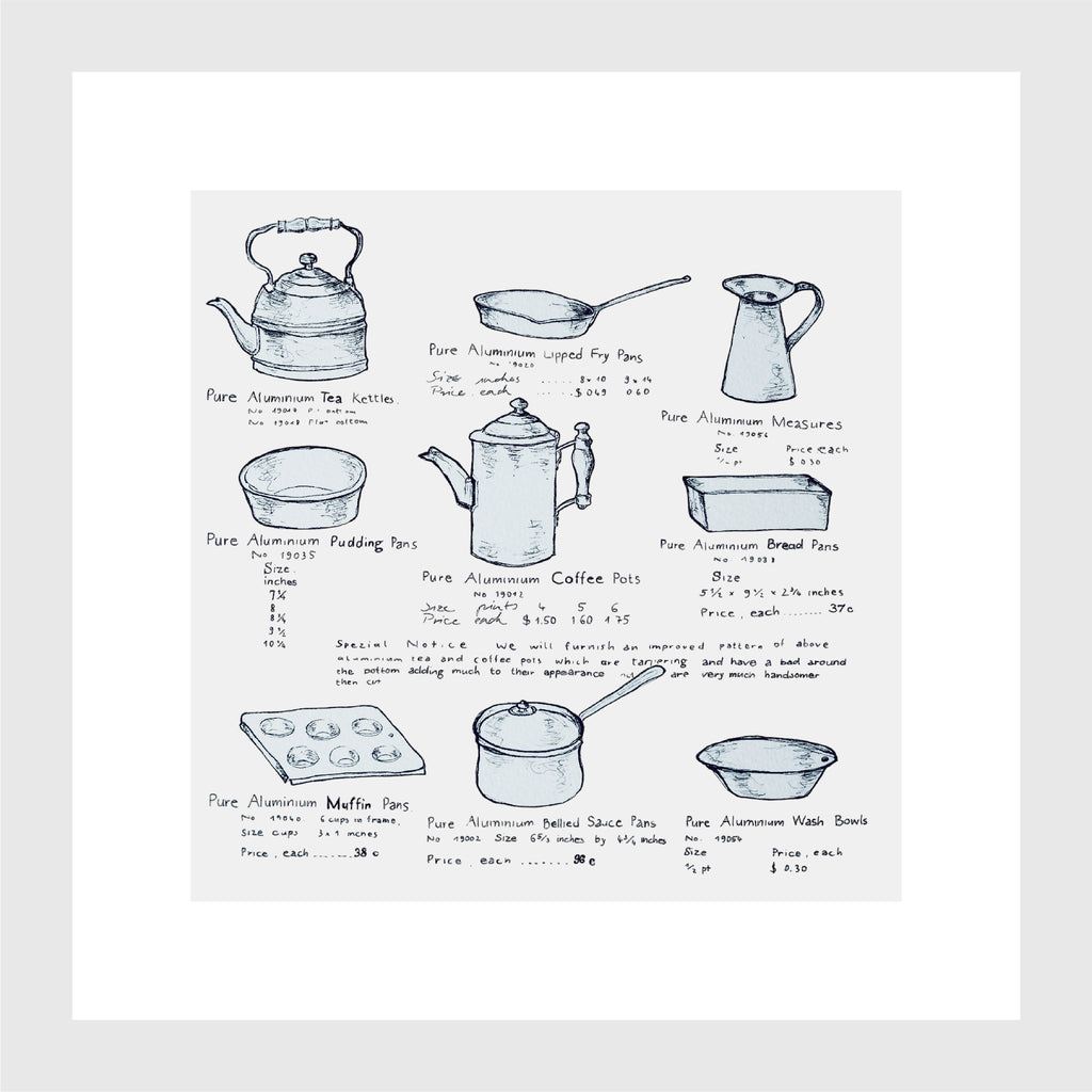 Kleines Küchenbild, Kunstdruck, feine Zeichnung, nostalgische Töpfe, Kalligraphie, 16 x 16 cm, auch mit Rahmen, kleines Geschenk