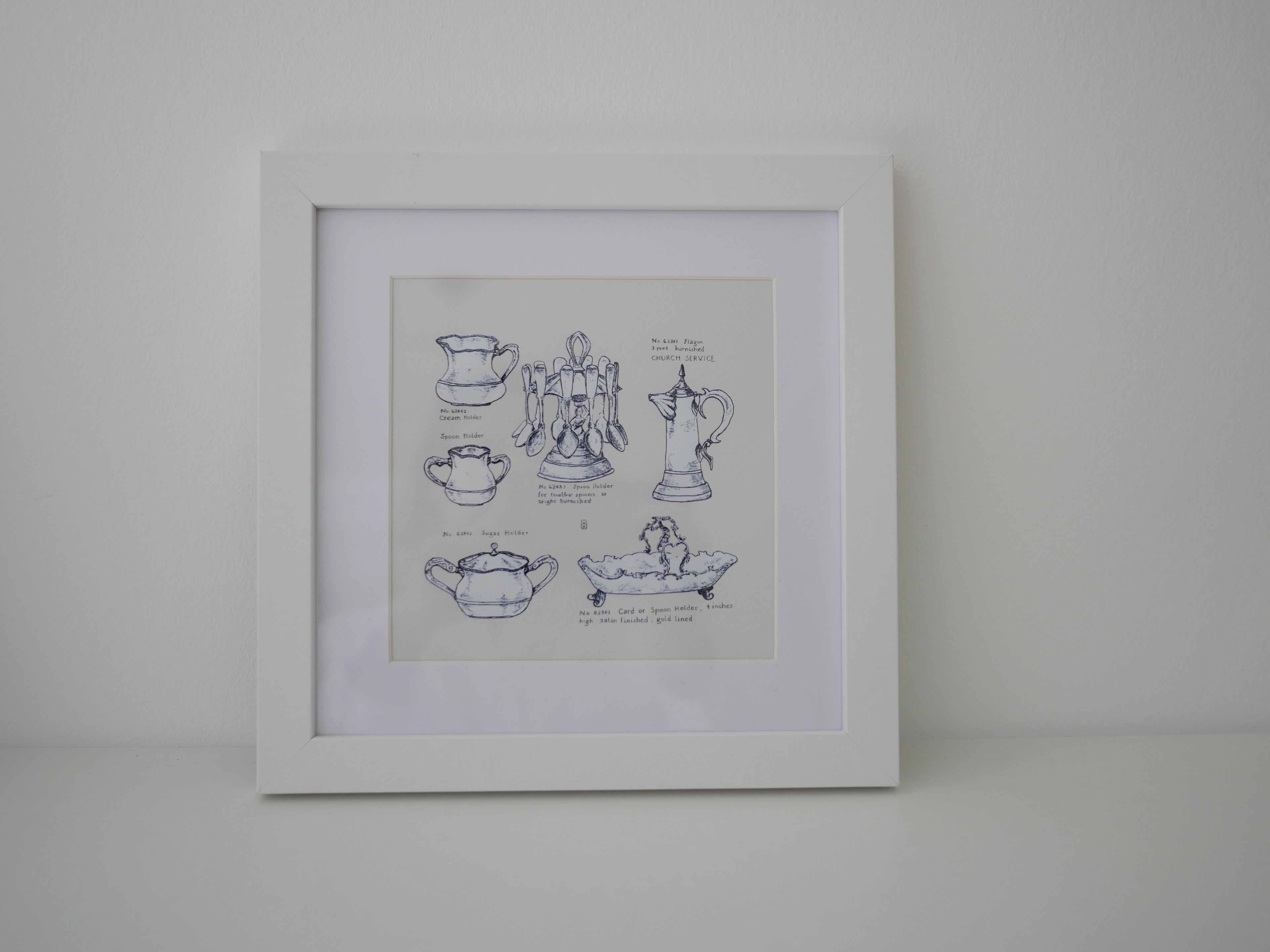 Kleines Küchenbild, Kunstdruck, feine Zeichnung, nostalgische Schälchen, Kalligraphie, 16 x 16 cm, auch mit Rahmen, kleines Geschenk