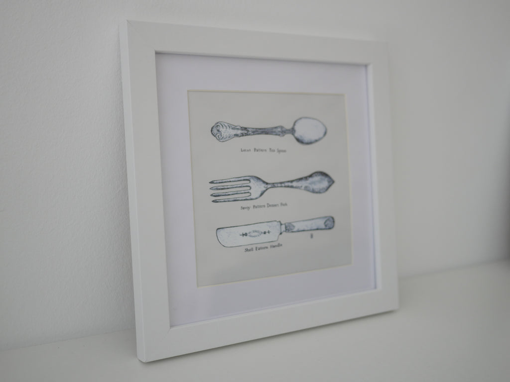Kleines Küchenbild, Kunstdruck, feine Zeichnung, Besteck Silber Silberwaren, Kalligraphie, 16 x 16 cm, auch mit Rahmen, kleines Geschenk