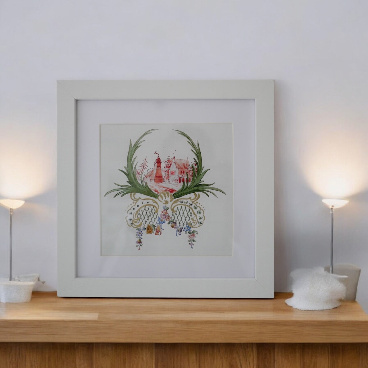 Kleines Küchenbild, 16 x 16 cm, Mühle, Miniaturmalerei, Porzellanentwurf, vergoldet, Fine Art Print, handvergoldet