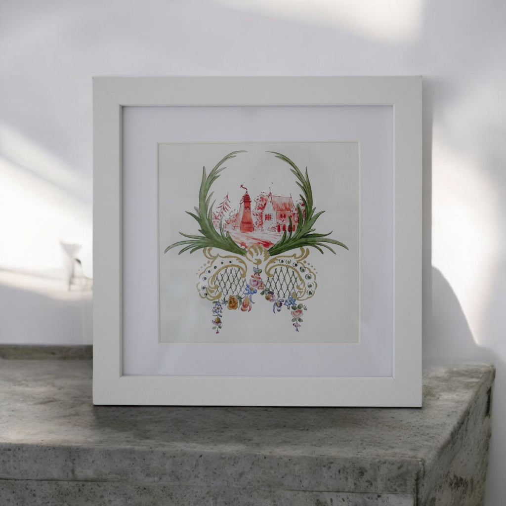 Kleines Küchenbild, 16 x 16 cm, Mühle, Miniaturmalerei, Porzellanentwurf, vergoldet, Fine Art Print, handvergoldet