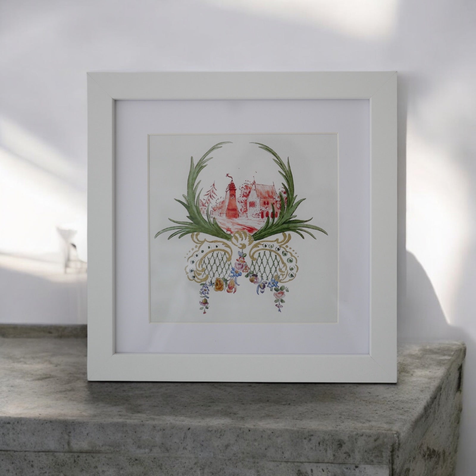Kleines Küchenbild, 16 x 16 cm, Mühle, Miniaturmalerei, Porzellanentwurf, vergoldet, Fine Art Print, handvergoldet