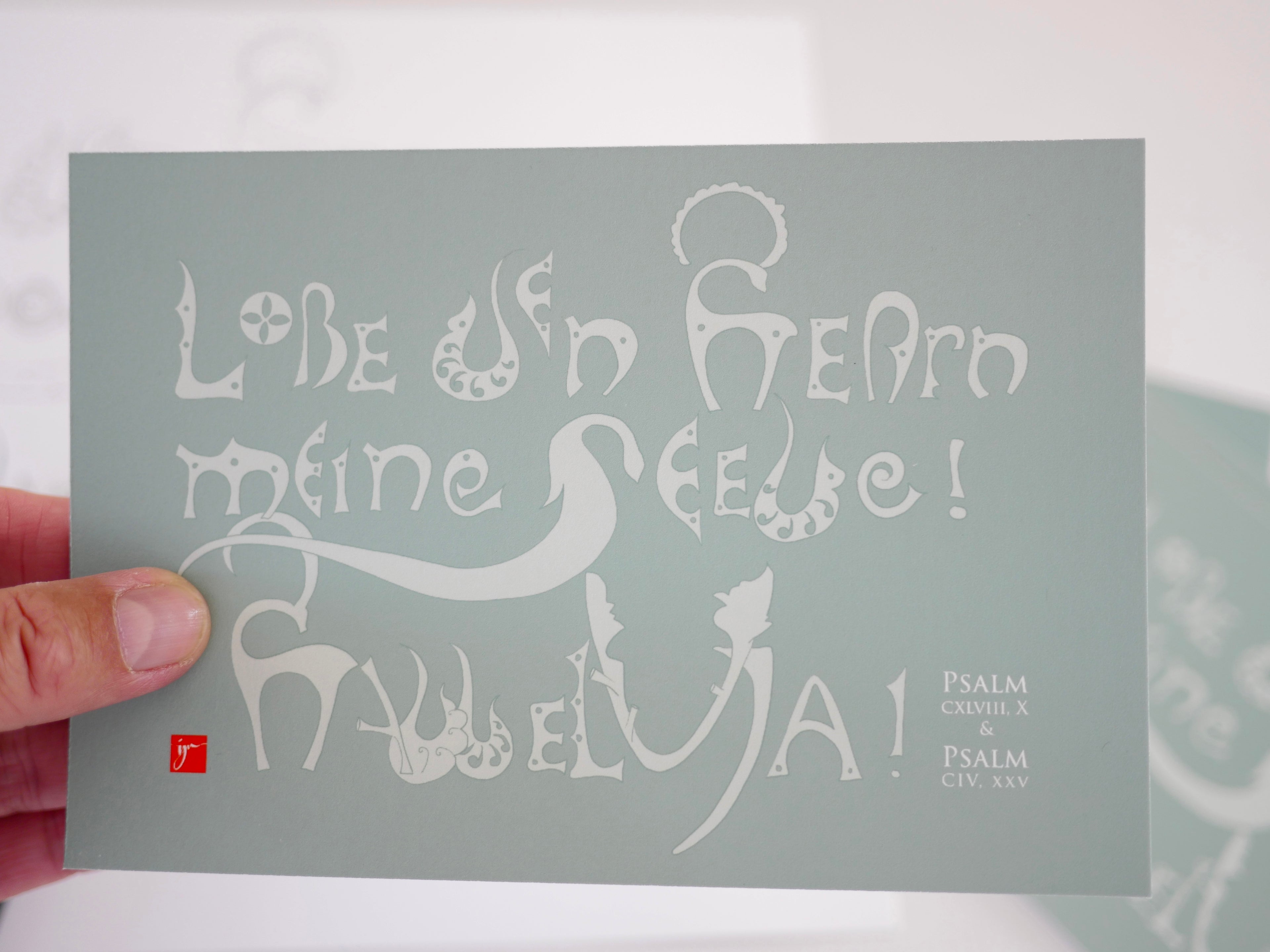 Kunstprint Postkarte, Lobe den Herrn, Halleluja, Psalm 104 und 148, 4 Farbvarianten, Kalligrafie,A6 - B6, christlich, Bibelvers, Bibelspruch