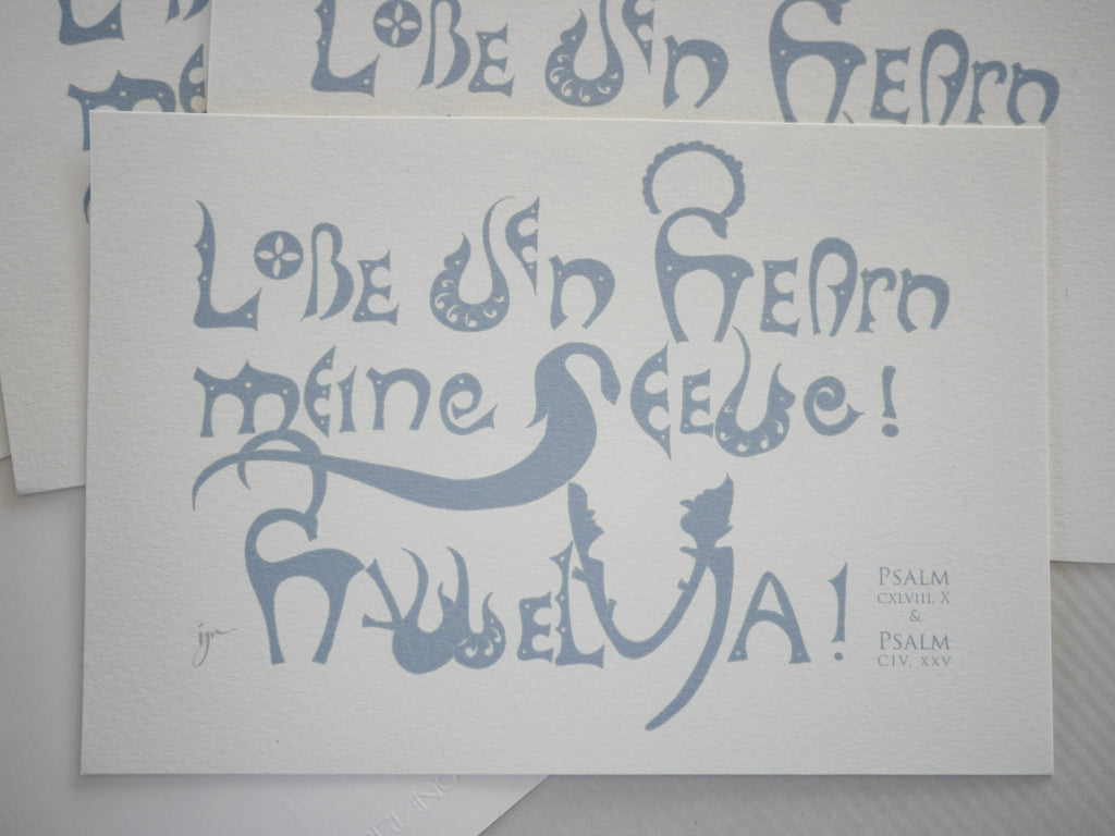 Kunstprint Postkarte, Lobe den Herrn, Halleluja, Psalm 104 und 148, 4 Farbvarianten, Kalligrafie,A6 - B6, christlich, Bibelvers, Bibelspruch