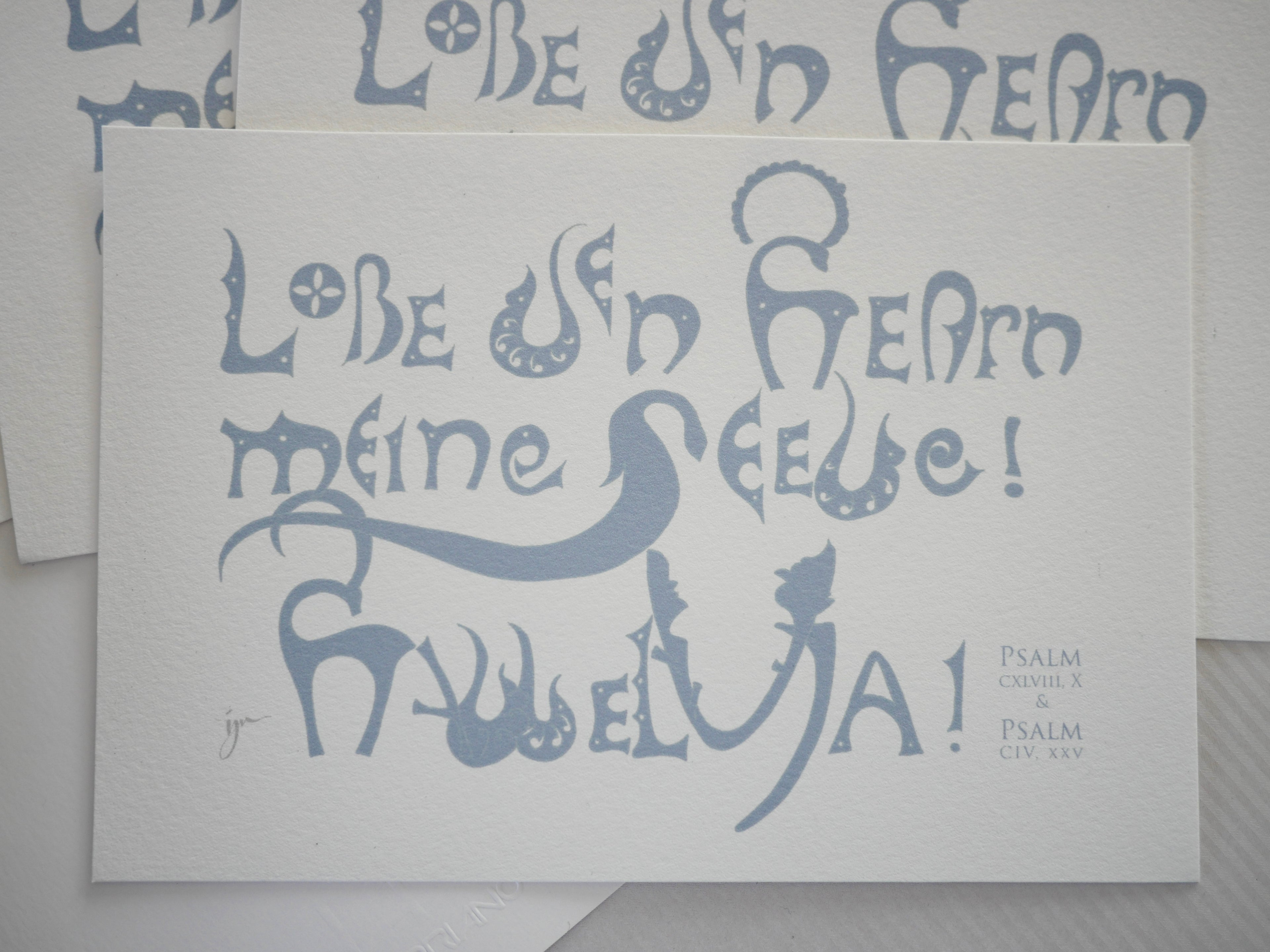 Kunstprint Postkarte, Lobe den Herrn, Halleluja, Psalm 104 und 148, 4 Farbvarianten, Kalligrafie,A6 - B6, christlich, Bibelvers, Bibelspruch