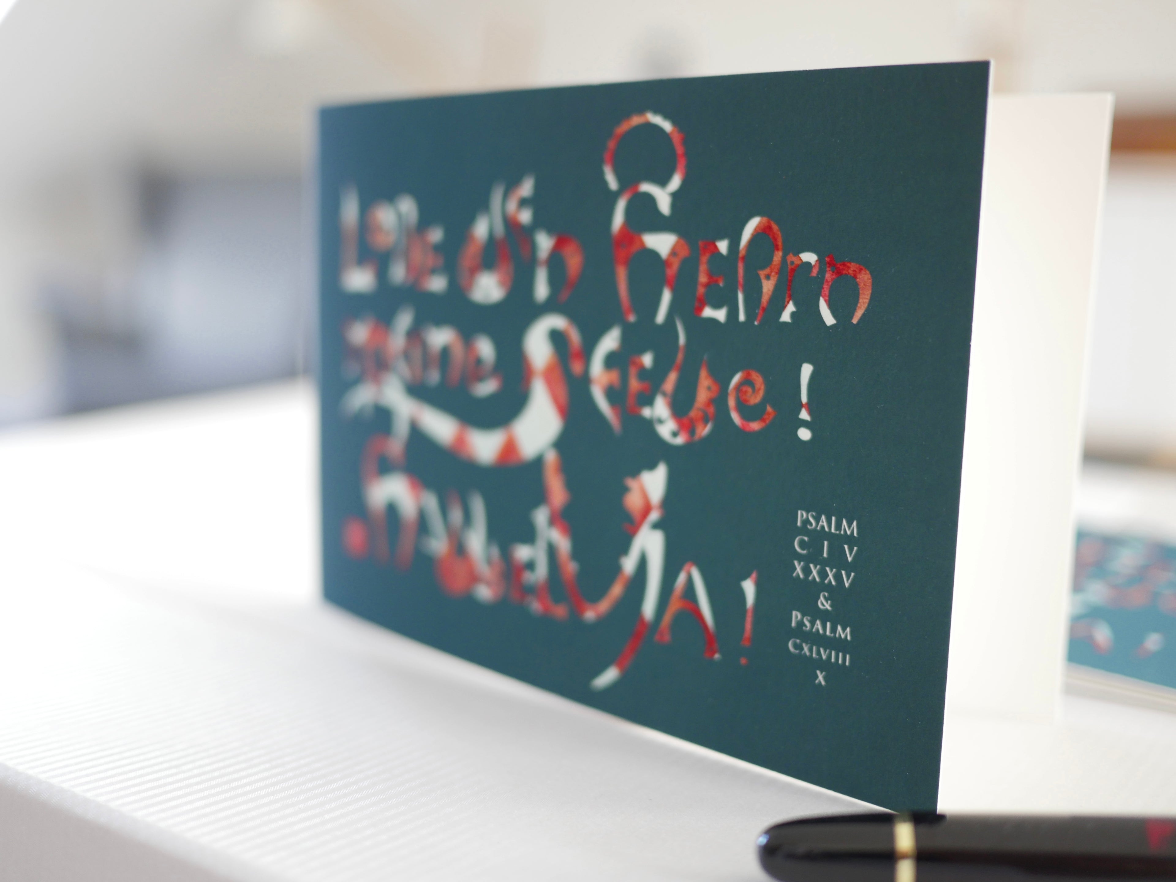 Kunstprint Postkarte, Lobe den Herrn, Halleluja, Psalm 104 und 148, 4 Farbvarianten, Kalligrafie,A6 - B6, christlich, Bibelvers, Bibelspruch