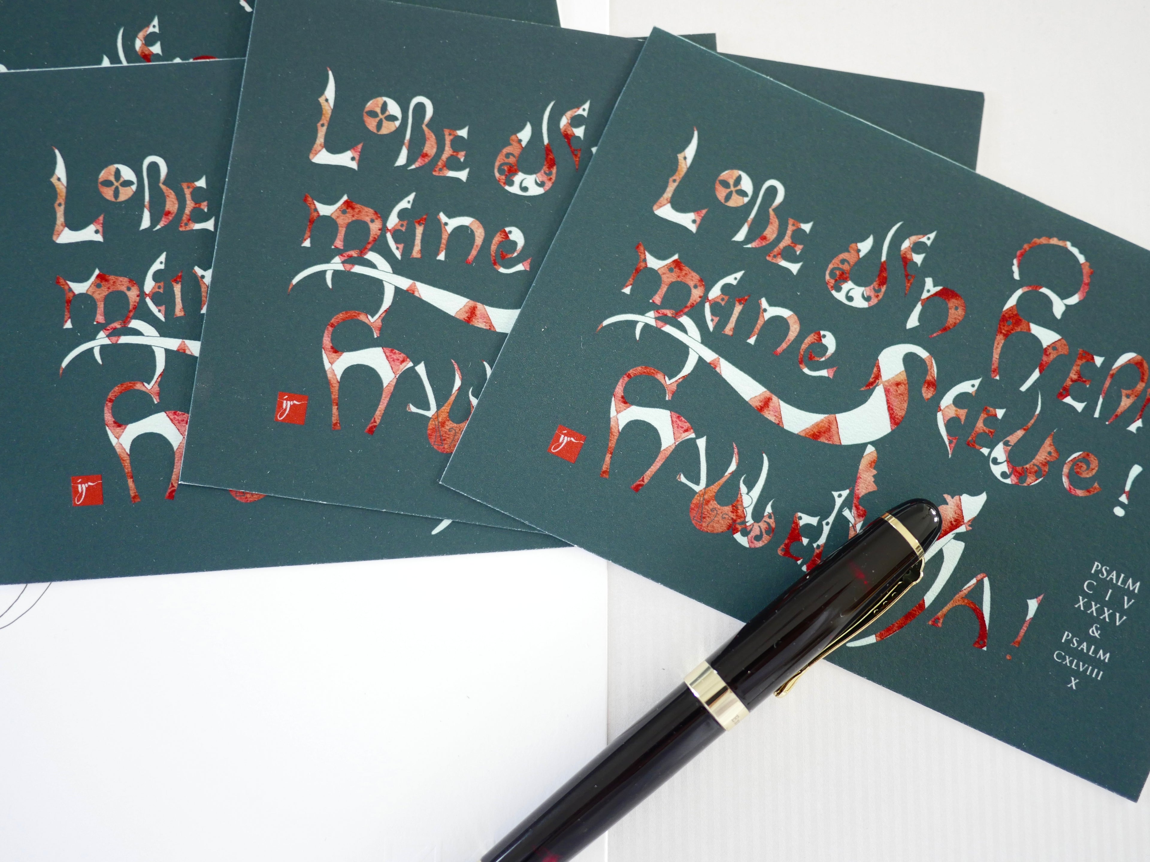 Kunstprint Postkarte, Lobe den Herrn, Halleluja, Psalm 104 und 148, 4 Farbvarianten, Kalligrafie,A6 - B6, christlich, Bibelvers, Bibelspruch