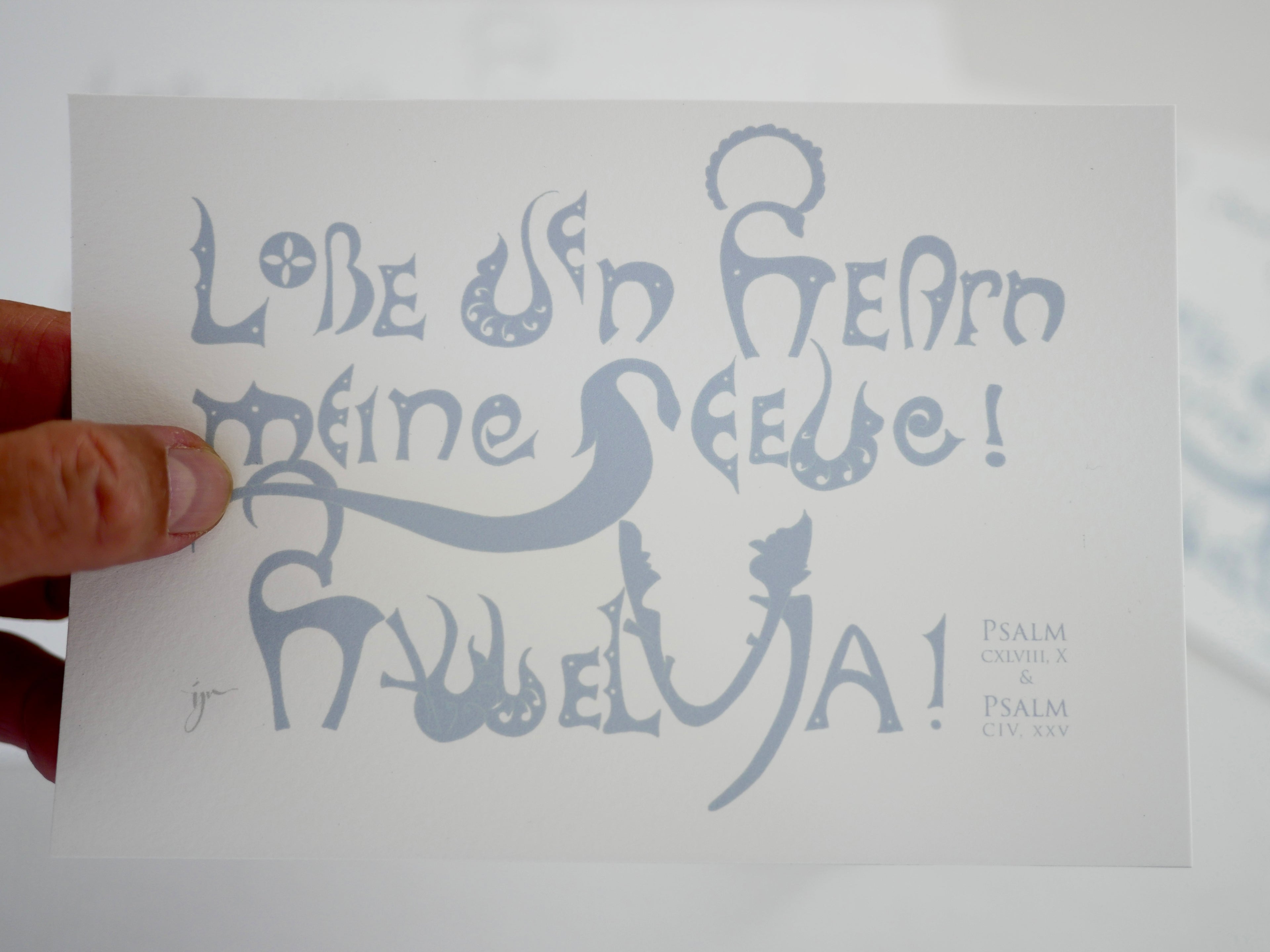 Kunstprint Postkarte, Lobe den Herrn, Halleluja, Psalm 104 und 148, 4 Farbvarianten, Kalligrafie,A6 - B6, christlich, Bibelvers, Bibelspruch