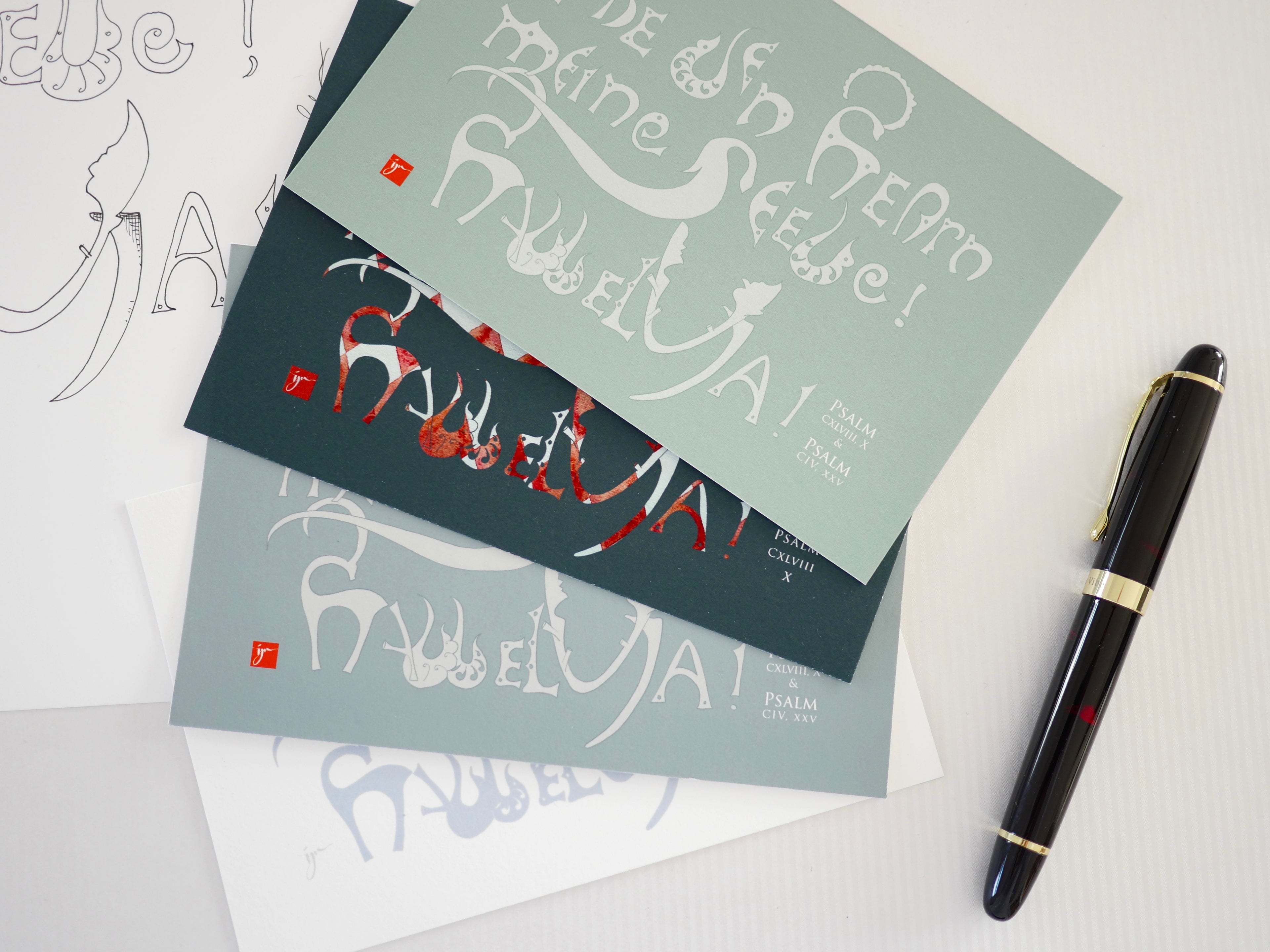 Kunstprint Postkarte, Lobe den Herrn, Halleluja, Psalm 104 und 148, 4 Farbvarianten, Kalligrafie,A6 - B6, christlich, Bibelvers, Bibelspruch