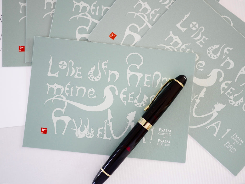 Kunstprint Postkarte, Lobe den Herrn, Halleluja, Psalm 104 und 148, 4 Farbvarianten, Kalligrafie,A6 - B6, christlich, Bibelvers, Bibelspruch