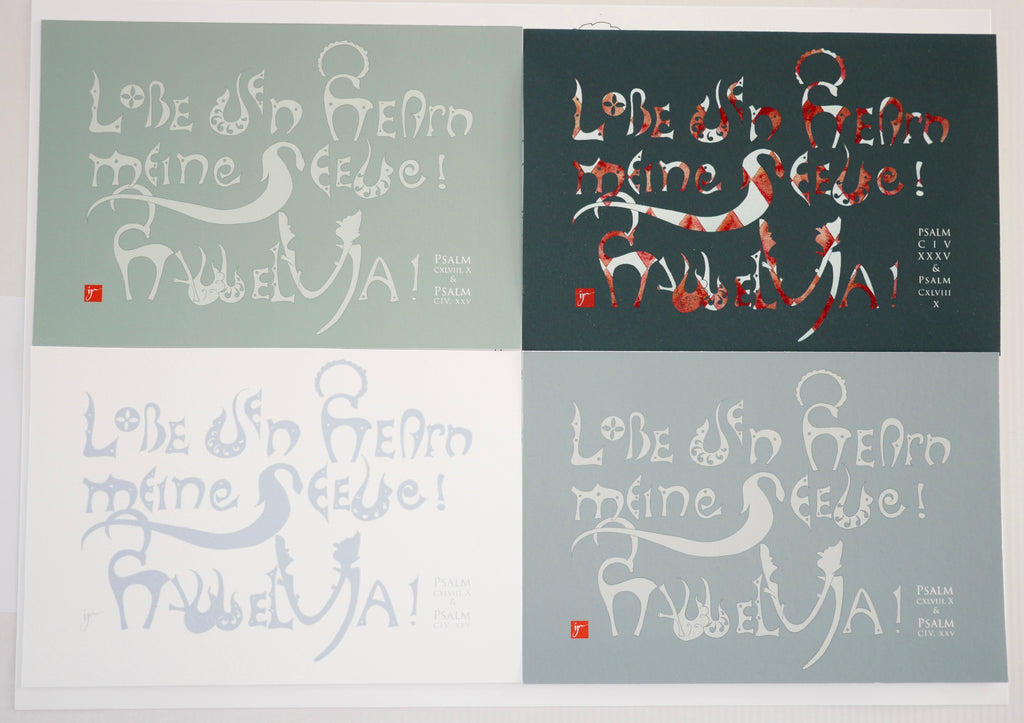 Kunstprint Postkarte, Lobe den Herrn, Halleluja, Psalm 104 und 148, 4 Farbvarianten, Kalligrafie,A6 - B6, christlich, Bibelvers, Bibelspruch