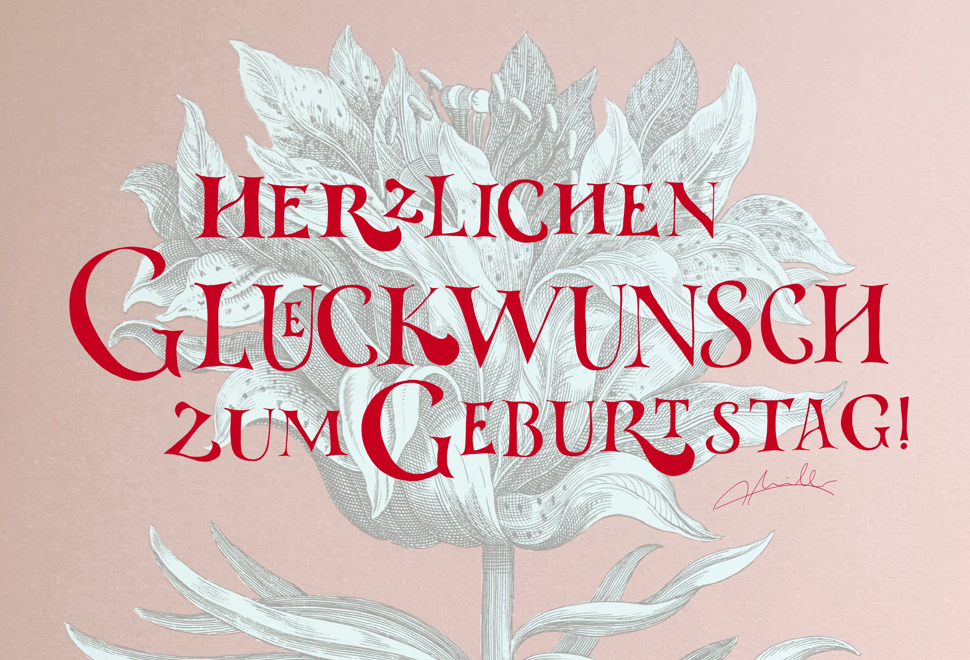 Kunstdruck Postkarte, Geburtstag Glückwunschkarte, 4 Farbvarianten, Fine Art Print, Kalligrafie, Jugendstil, A6 - B6, mit Umschlag B6, Gicleé Druck