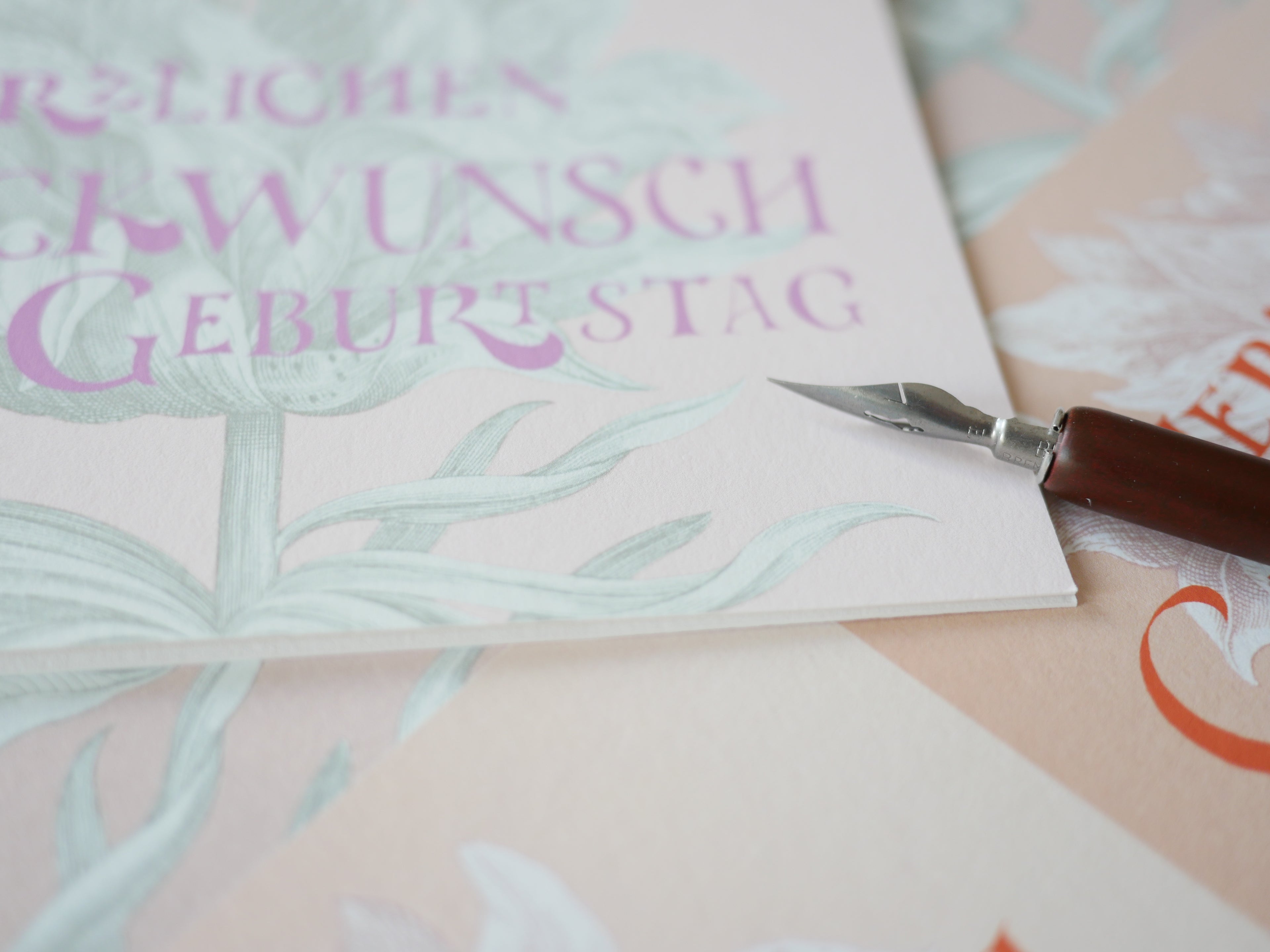 Kunstdruck Postkarte, Geburtstag Glückwunschkarte, 4 Farbvarianten, Fine Art Print, Kalligrafie, Jugendstil, A6 - B6, mit Umschlag B6, Gicleé Druck
