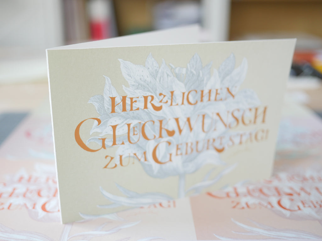 Kunstdruck Postkarte, Geburtstag Glückwunschkarte, 4 Farbvarianten, Fine Art Print, Kalligrafie, Jugendstil, A6 - B6, mit Umschlag B6, Gicleé Druck