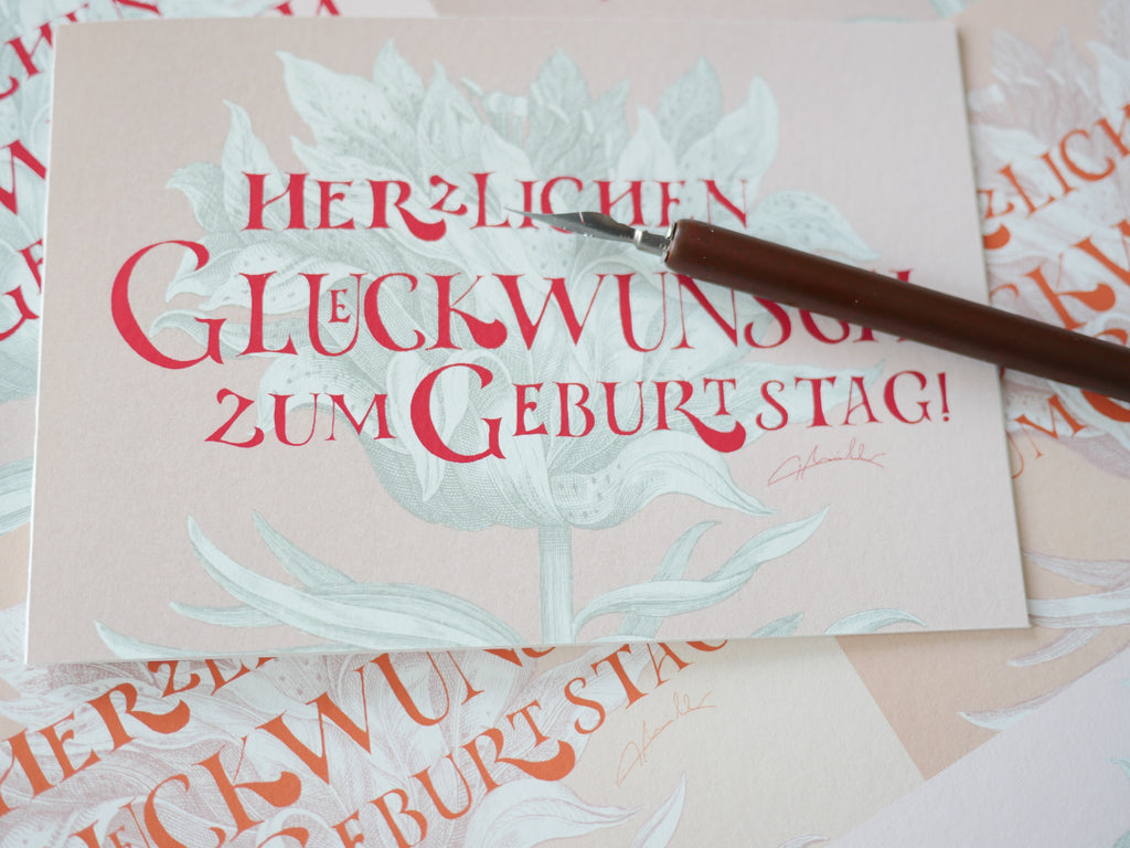 Kunstdruck Postkarte, Geburtstag Glückwunschkarte, 4 Farbvarianten, Fine Art Print, Kalligrafie, Jugendstil, A6 - B6, mit Umschlag B6, Gicleé Druck