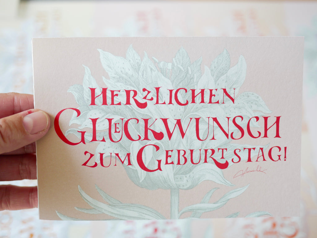 Kunstdruck Postkarte, Geburtstag Glückwunschkarte, 4 Farbvarianten, Fine Art Print, Kalligrafie, Jugendstil, A6 - B6, mit Umschlag B6, Gicleé Druck