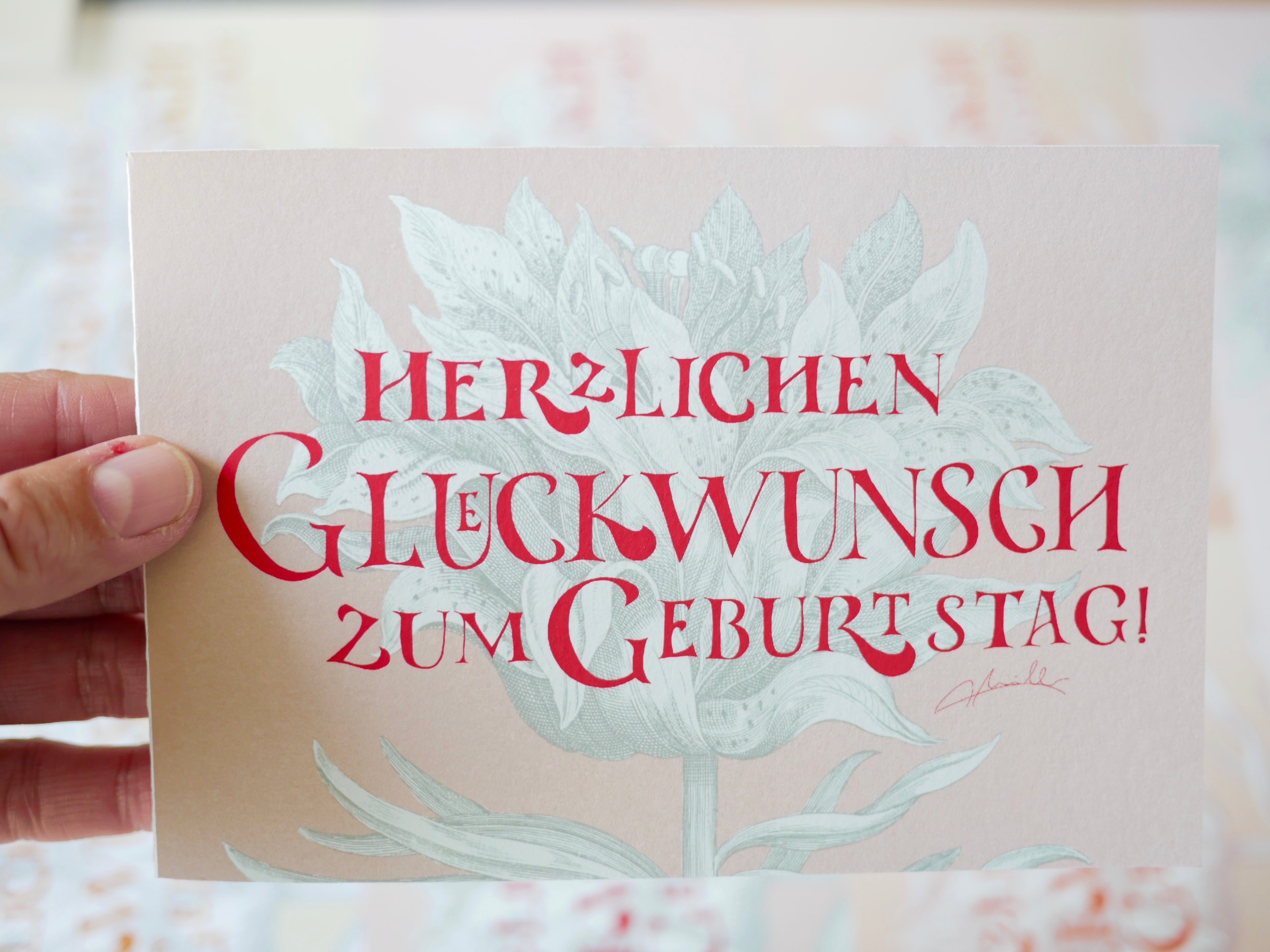 Kunstdruck Postkarte, Geburtstag Glückwunschkarte, 4 Farbvarianten, Fine Art Print, Kalligrafie, Jugendstil, A6 - B6, mit Umschlag B6, Gicleé Druck