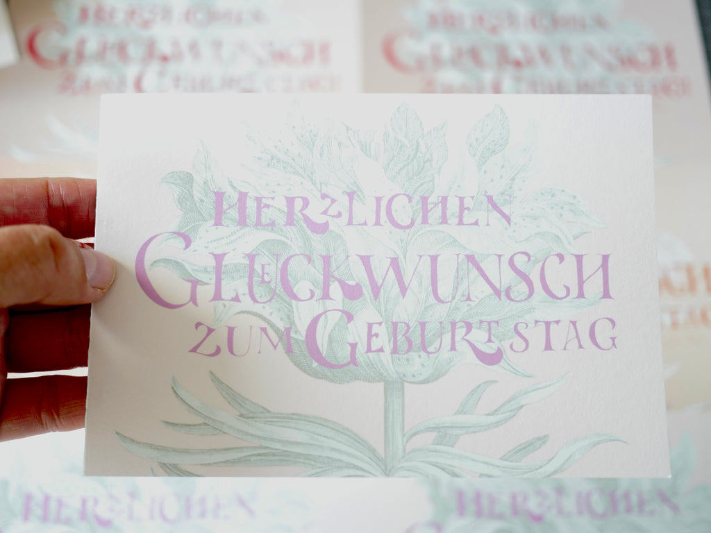 Kunstdruck Postkarte, Geburtstag Glückwunschkarte, 4 Farbvarianten, Fine Art Print, Kalligrafie, Jugendstil, A6 - B6, mit Umschlag B6, Gicleé Druck