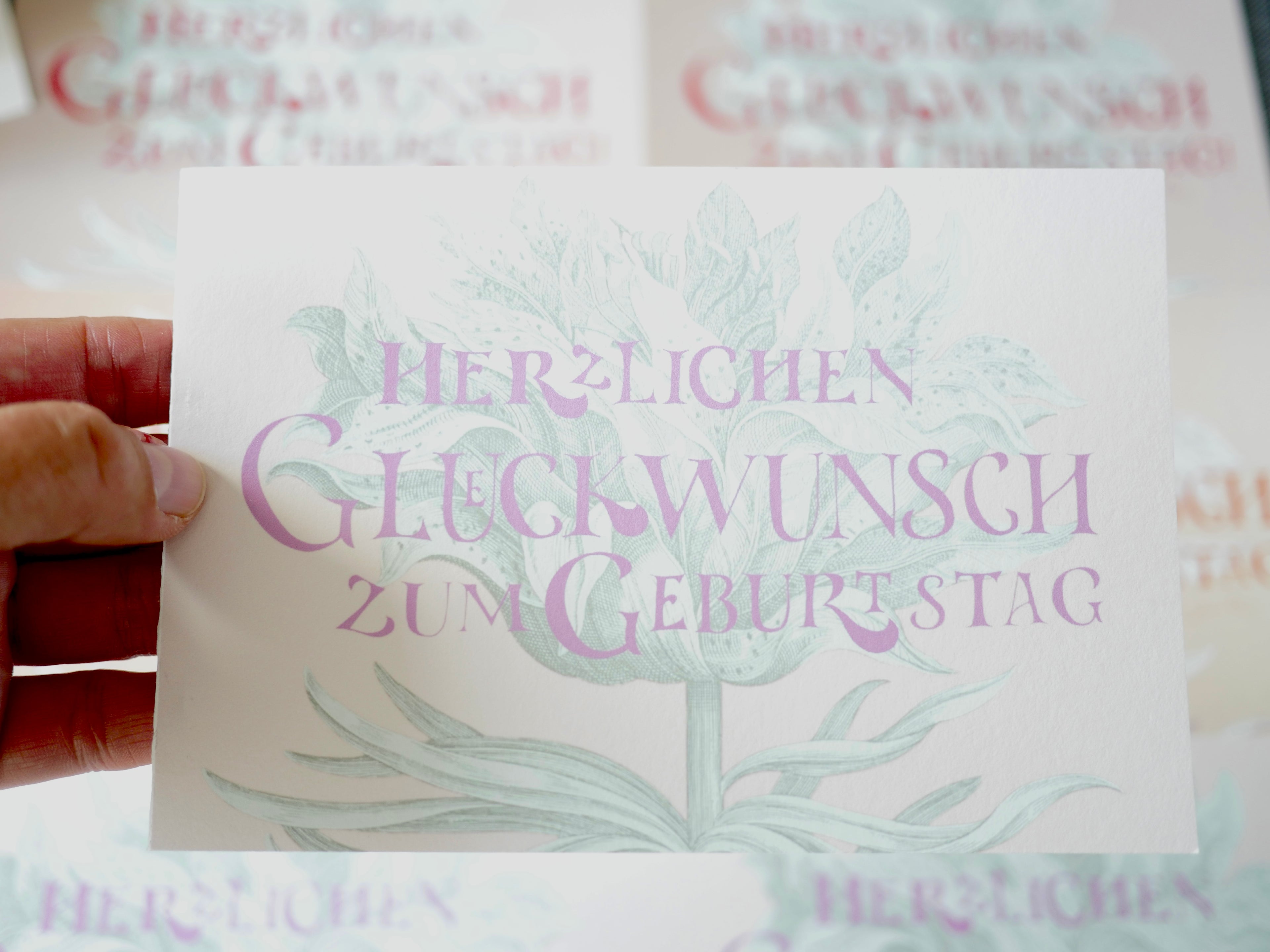 Kunstdruck Postkarte, Geburtstag Glückwunschkarte, 4 Farbvarianten, Fine Art Print, Kalligrafie, Jugendstil, A6 - B6, mit Umschlag B6, Gicleé Druck