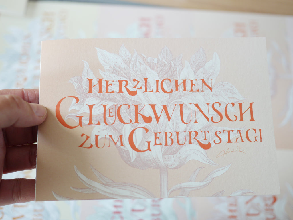 Kunstdruck Postkarte, Geburtstag Glückwunschkarte, 4 Farbvarianten, Fine Art Print, Kalligrafie, Jugendstil, A6 - B6, mit Umschlag B6, Gicleé Druck