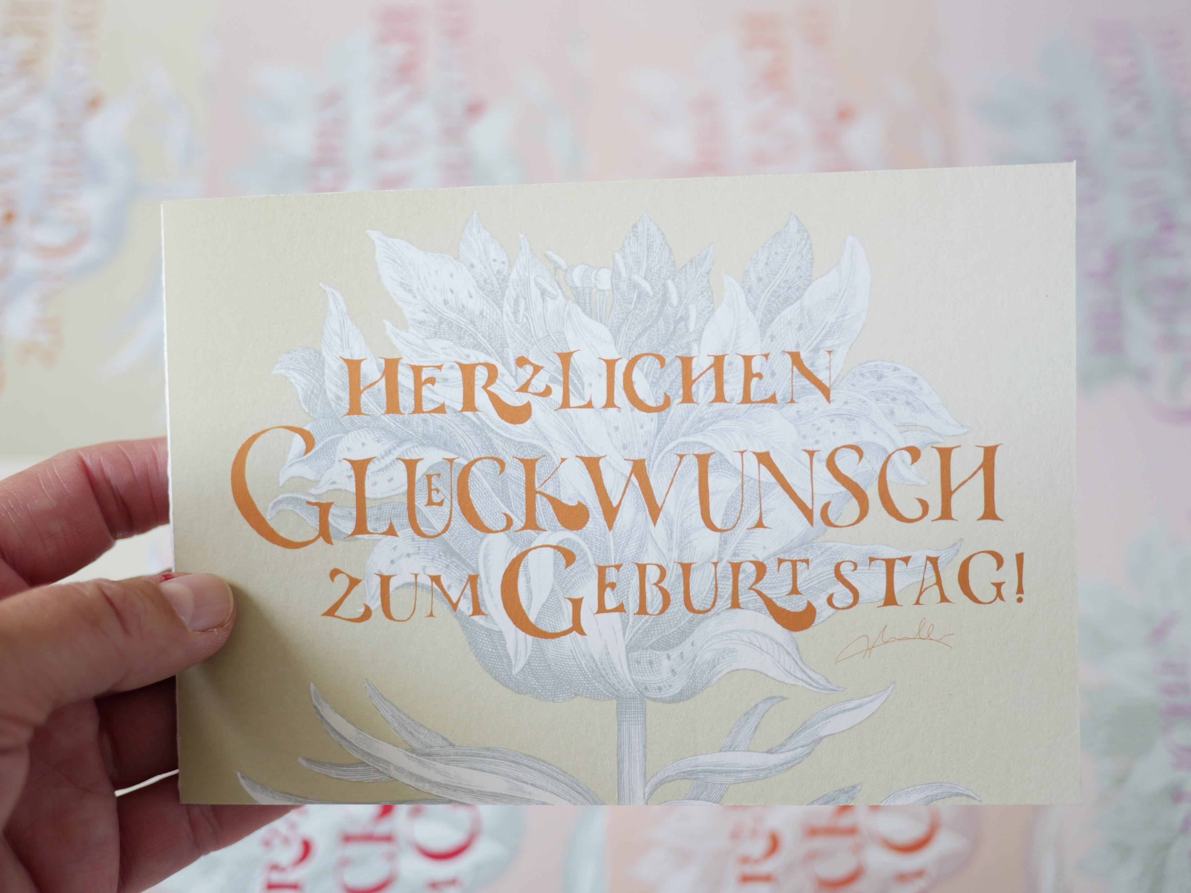 Kunstdruck Postkarte, Geburtstag Glückwunschkarte, 4 Farbvarianten, Fine Art Print, Kalligrafie, Jugendstil, A6 - B6, mit Umschlag B6, Gicleé Druck
