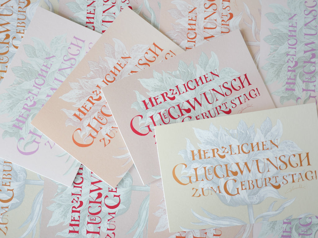 Kunstdruck Postkarte, Geburtstag Glückwunschkarte, 4 Farbvarianten, Fine Art Print, Kalligrafie, Jugendstil, A6 - B6, mit Umschlag B6, Gicleé Druck