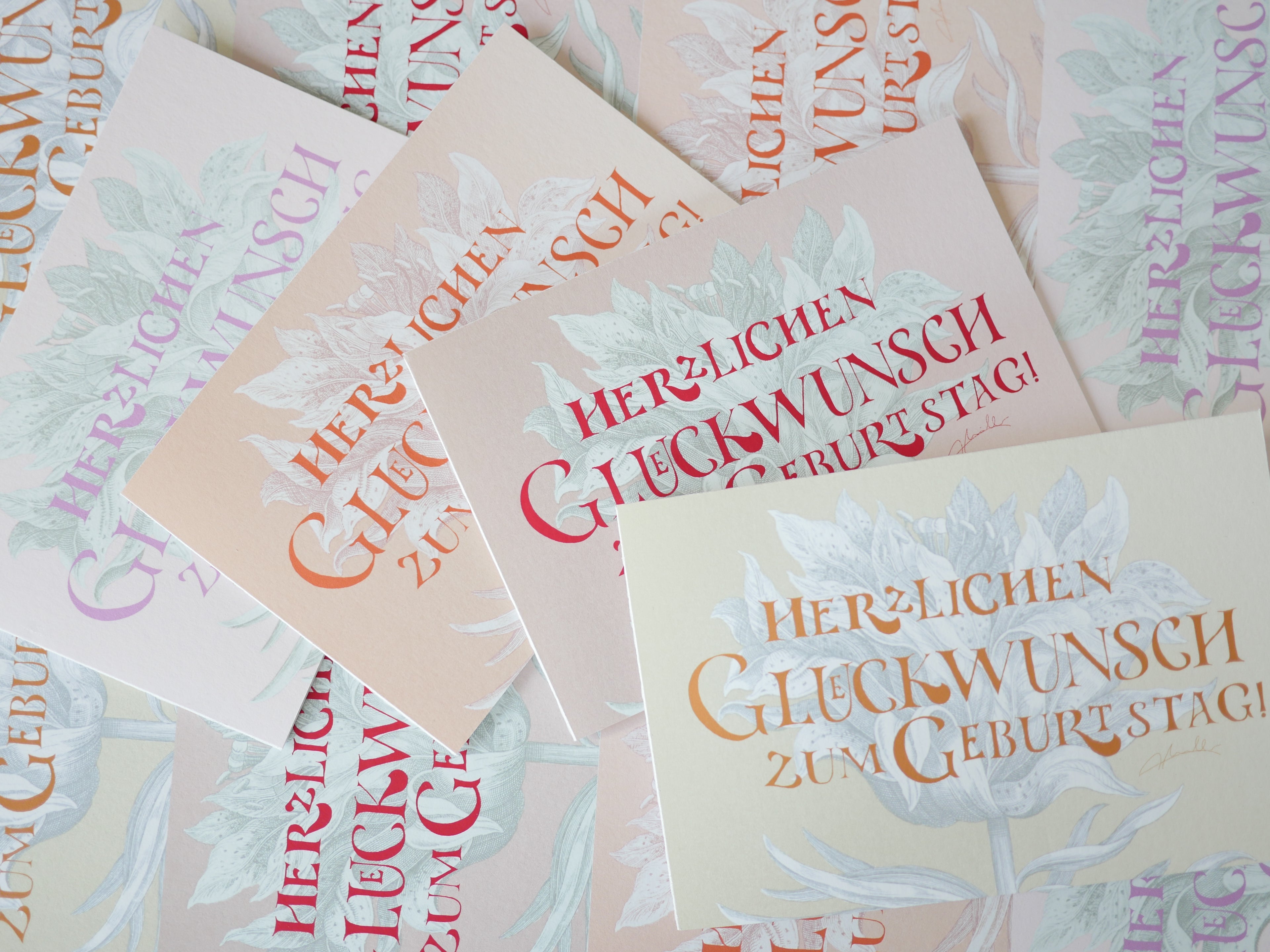 Kunstdruck Postkarte, Geburtstag Glückwunschkarte, 4 Farbvarianten, Fine Art Print, Kalligrafie, Jugendstil, A6 - B6, mit Umschlag B6, Gicleé Druck