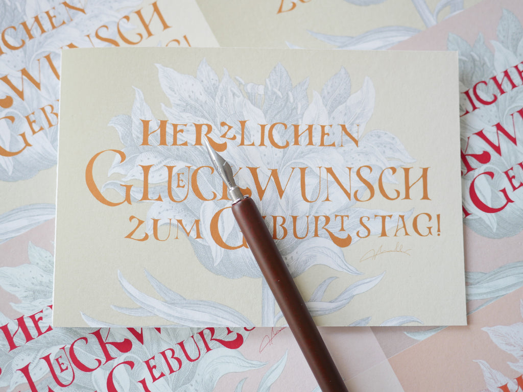 Kunstdruck Postkarte, Geburtstag Glückwunschkarte, 4 Farbvarianten, Fine Art Print, Kalligrafie, Jugendstil, A6 - B6, mit Umschlag B6, Gicleé Druck