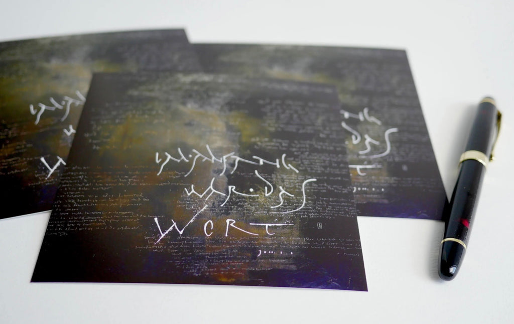 Christliche Postkarte, Im Anfang war das Wort, gedruckt, quadratisch, moderne christliche Kunst
