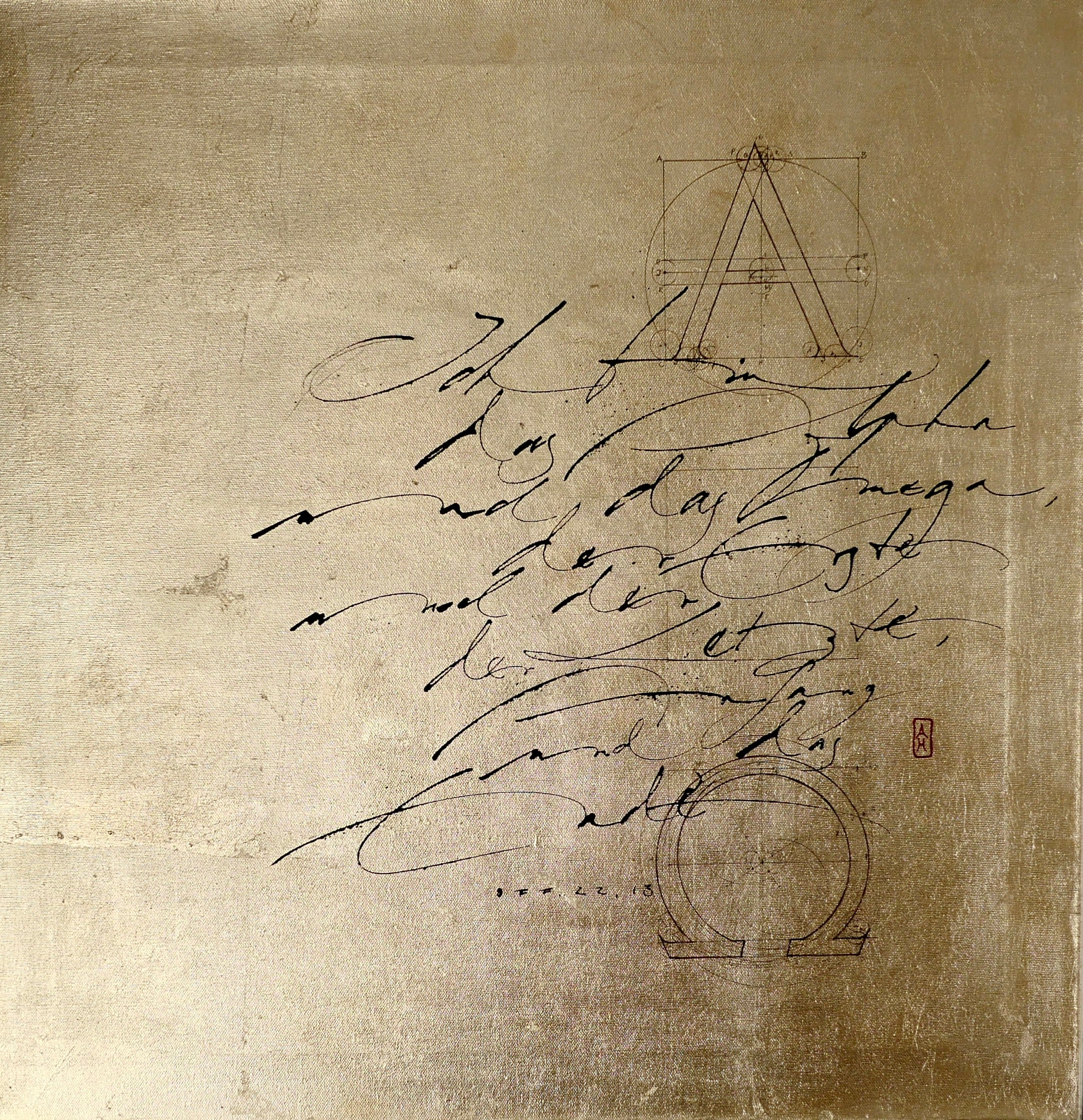 Postkarte Christlich, Alpha und Omega, Bibelvers, quadratisch, moderne christliche Kunst, gedruckt auf Postkartenkarton, edel, Gold, Golden