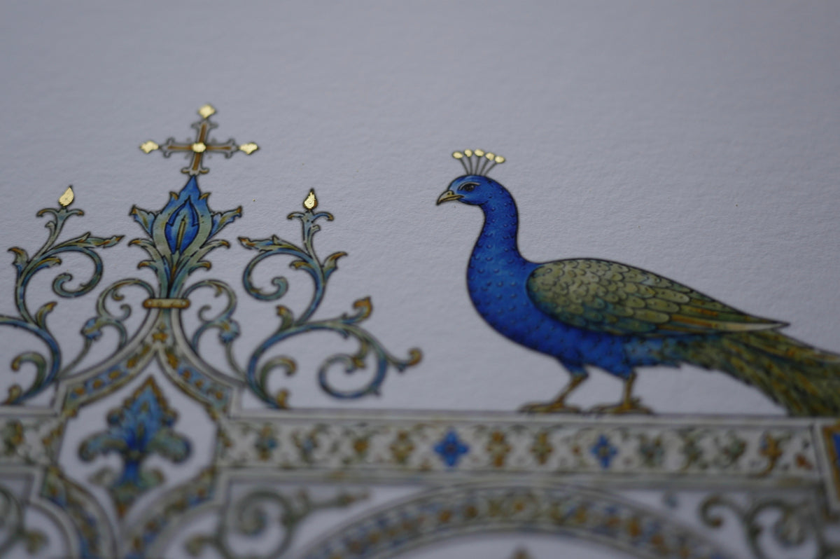 Hohelied der Liebe Wandbild – handvergoldeter Giclée-Druck A3+ mit Pfauen | 1. Korinther 13 |  Blau Grün Gold