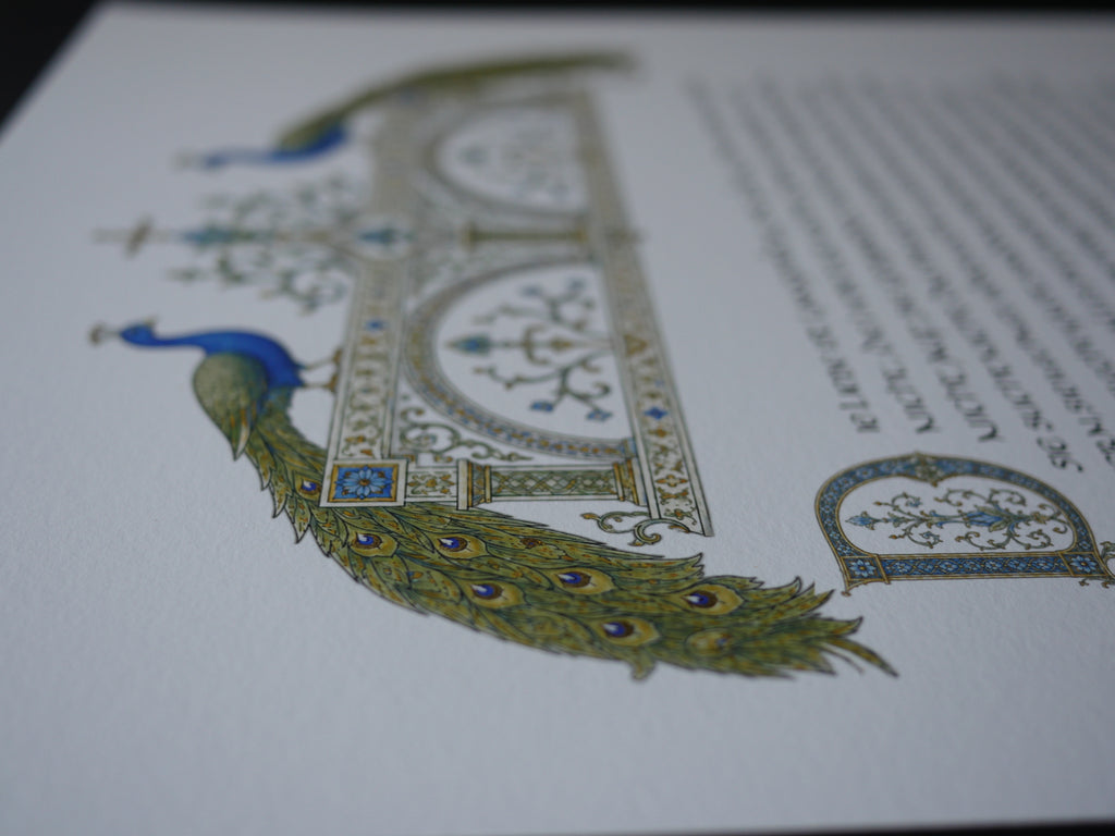 Hohelied der Liebe Wandbild – handvergoldeter Giclée-Druck A3+ mit Pfauen | 1. Korinther 13 |  Blau Grün Gold
