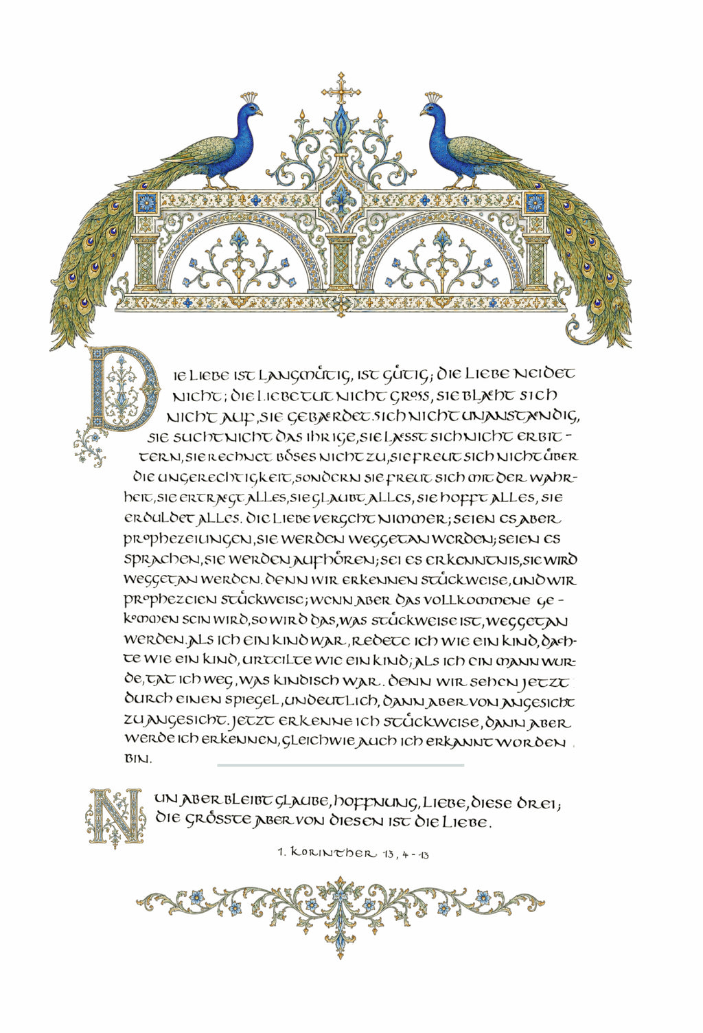Hohelied der Liebe Wandbild – handvergoldeter Giclée-Druck A3+ mit Pfauen | 1. Korinther 13 |  Blau Grün Gold