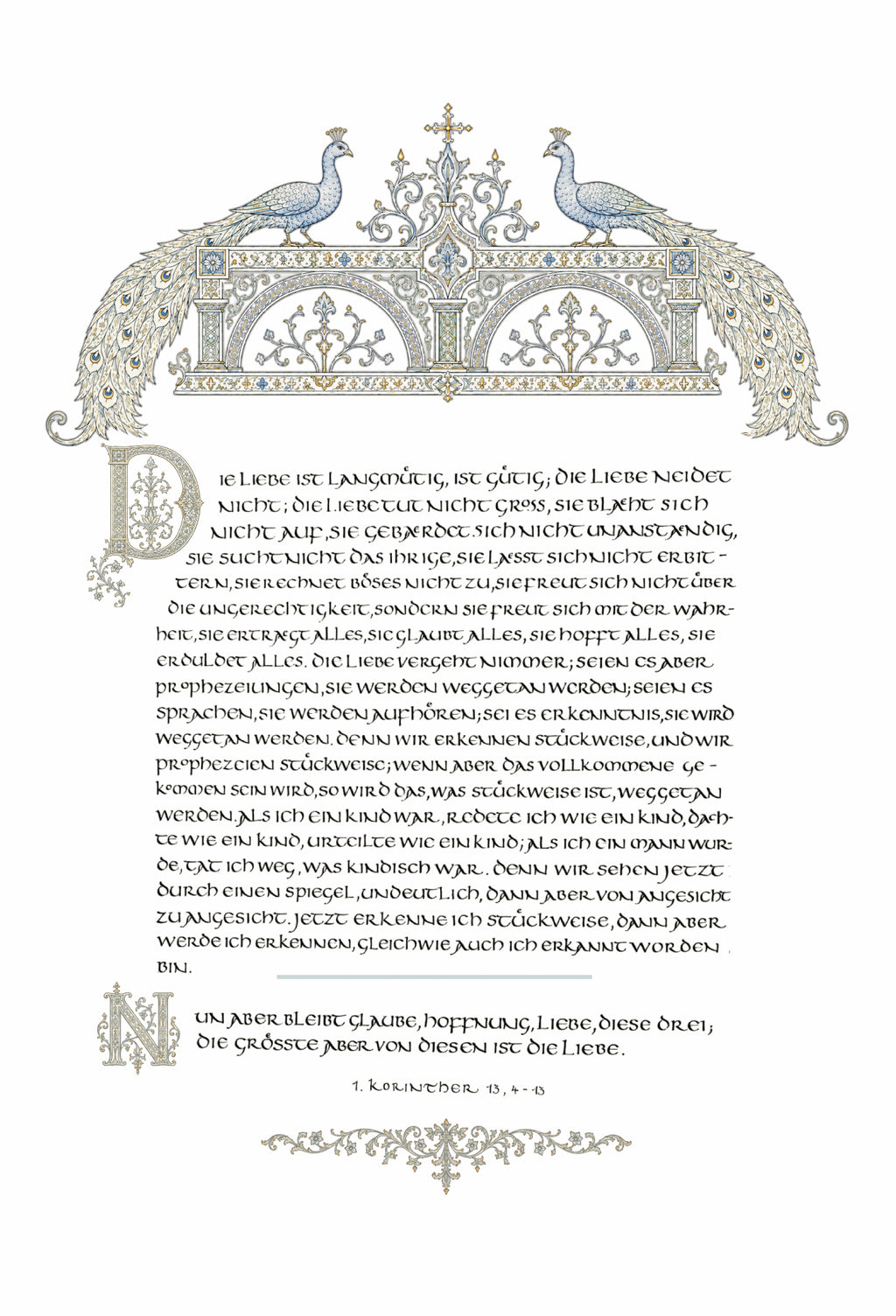 Hohelied der Liebe Wandbild – handvergoldeter Giclée-Druck A3+ mit Pfauen | 1. Korinther 13 | Bleu