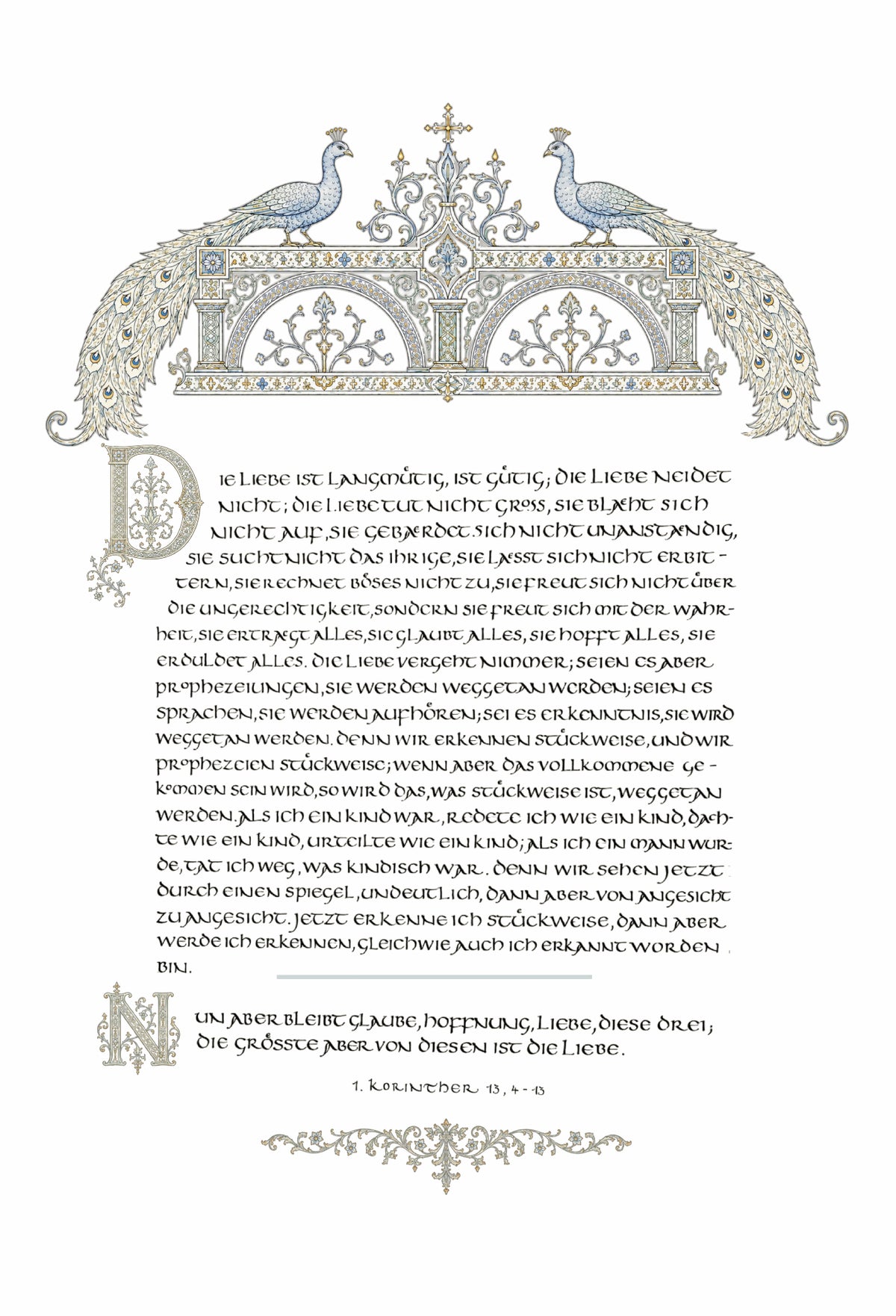 Hohelied der Liebe Wandbild – handvergoldeter Giclée-Druck A3+ mit Pfauen | 1. Korinther 13 | Bleu