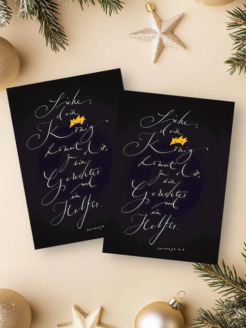 Christliche Weihnachtskarte mit Bibelvers | Sacharja 9,9 | Kalligrafie | Adventskarte dunkelblau