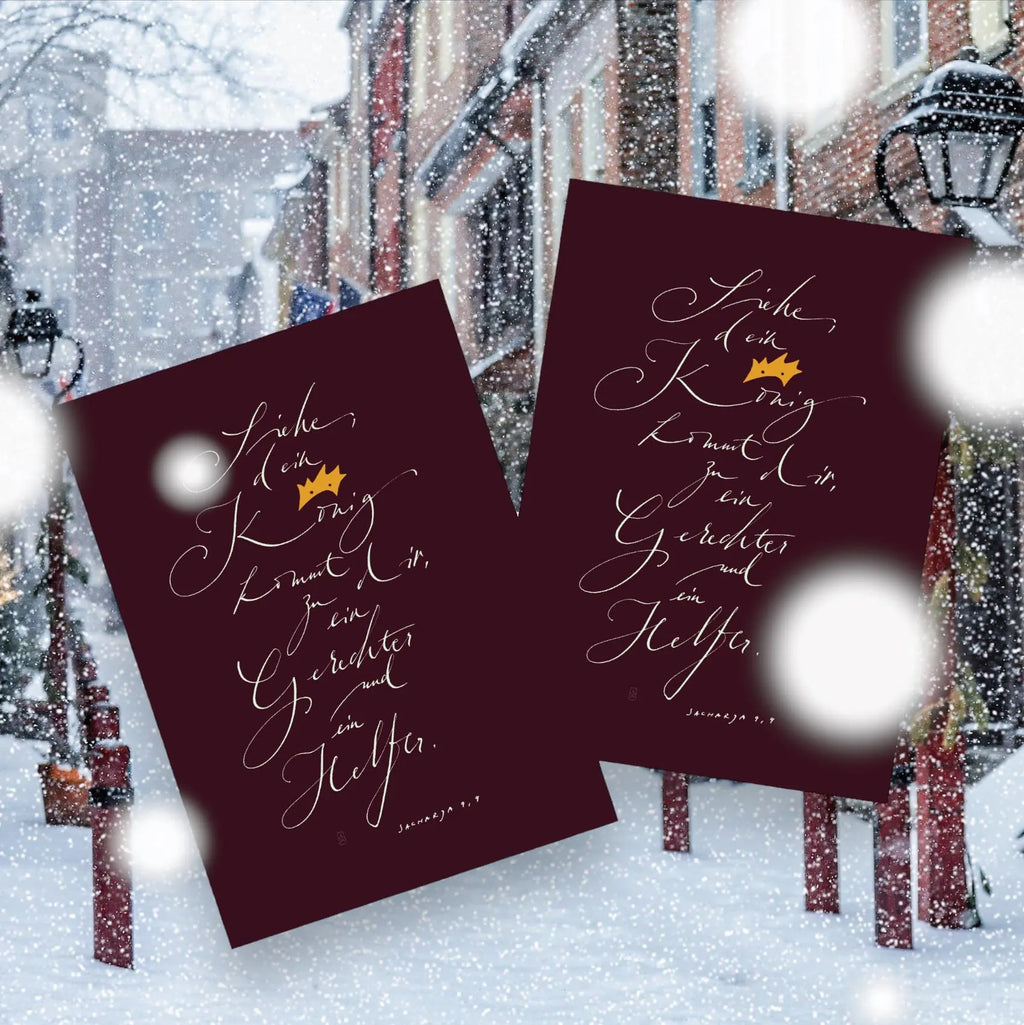 Christliche Weihnachtskarte mit Bibelvers | Sacharja 9,9 | Kalligrafie | Adventskarte dunkelrot