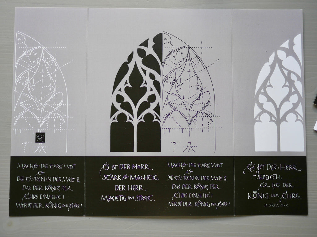 Moderne christliche Weihnachtskarte Psalm 24 – Altarfalz in Grau | Kalligrafie „Machet die Tore weit“ | A4 offen mit edlem Umschlag