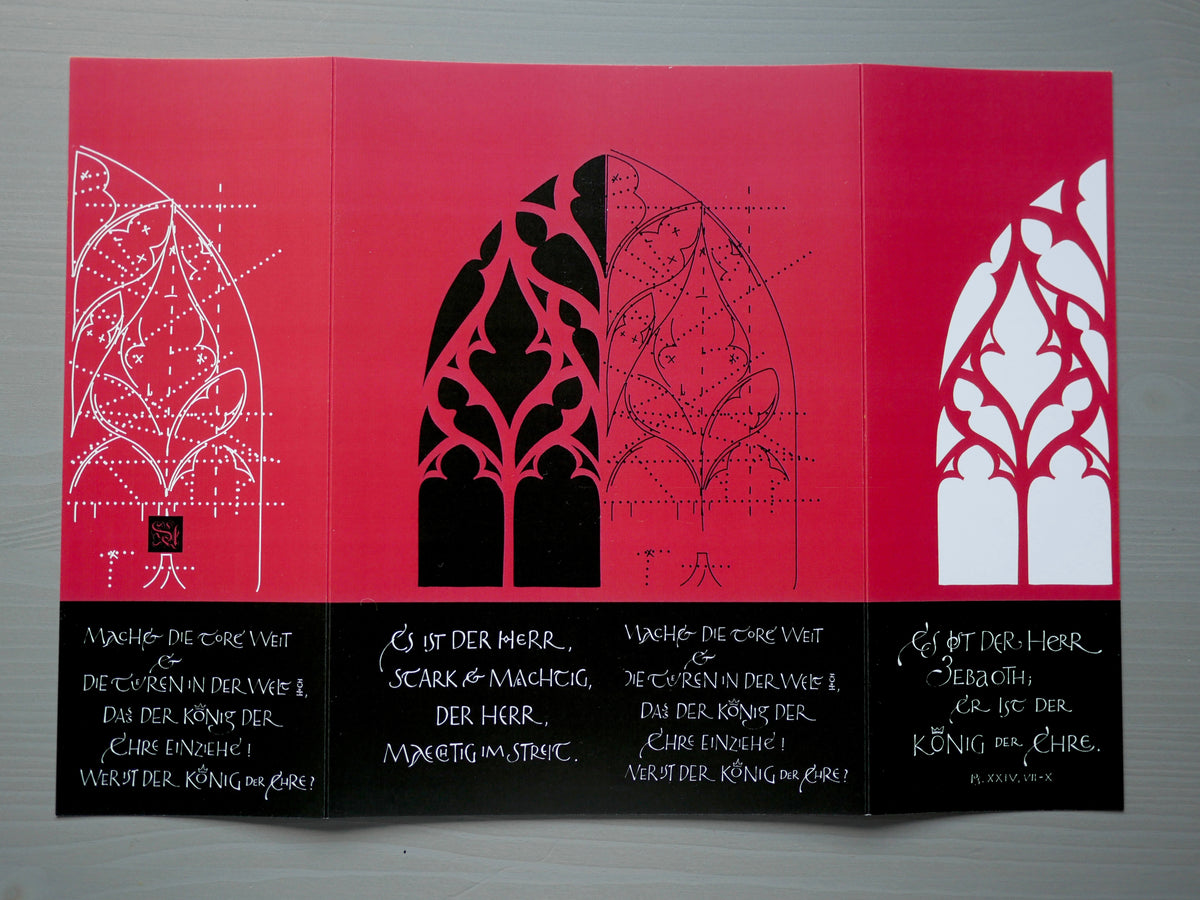 Moderne christliche Weihnachtskarte Psalm 24 – Altarfalz in Rot | Kalligrafie „Machet die Tore weit“ | A4 offen mit edlem Umschlag