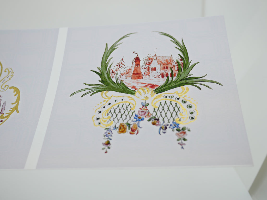 Kleines Küchenbild, 16 x 16 cm, Mühle, Miniaturmalerei, Porzellanentwurf, vergoldet, Fine Art Print, handvergoldet